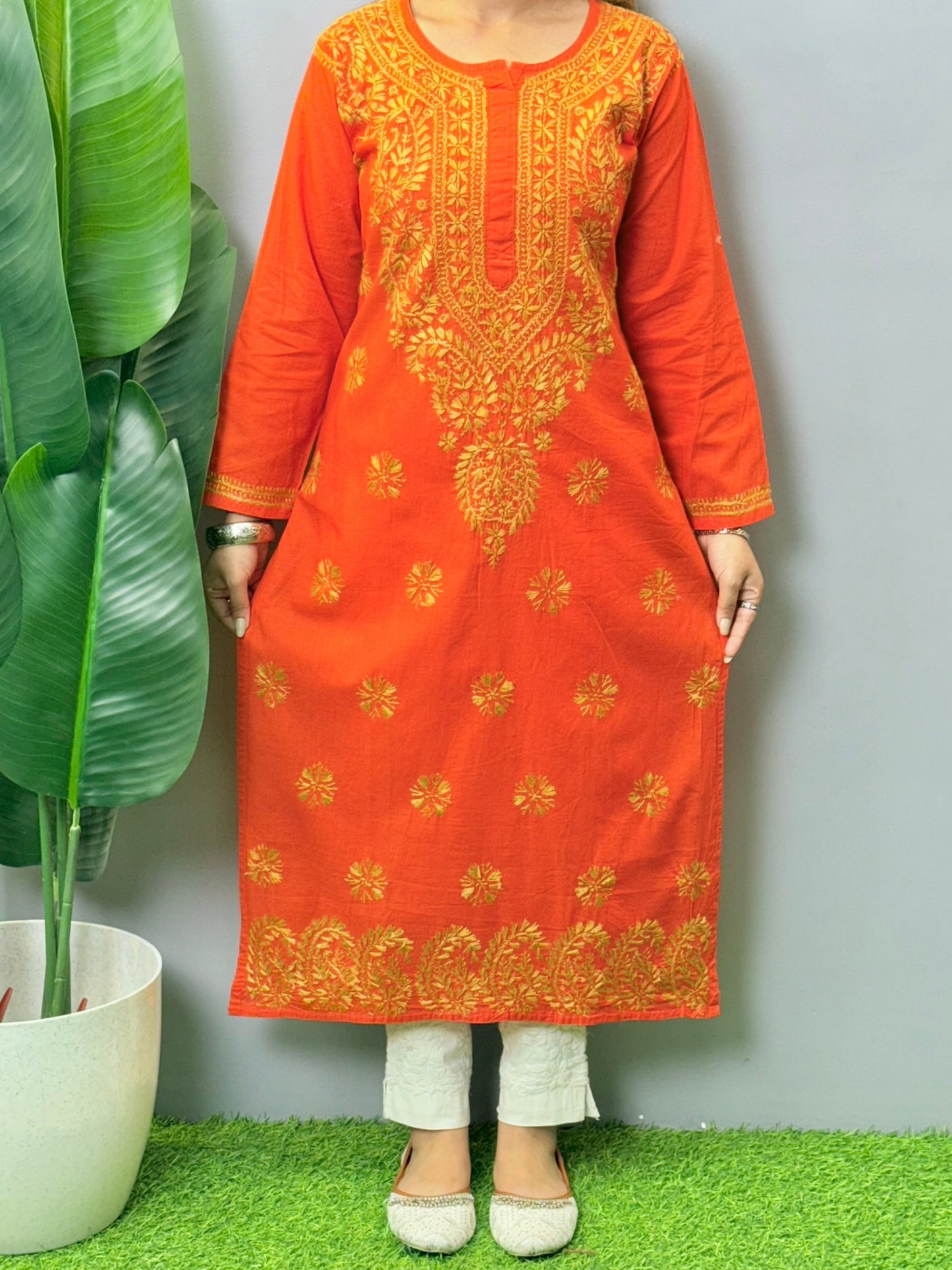 Rust Orange Cotton Lucknowi Chikankari Kurta