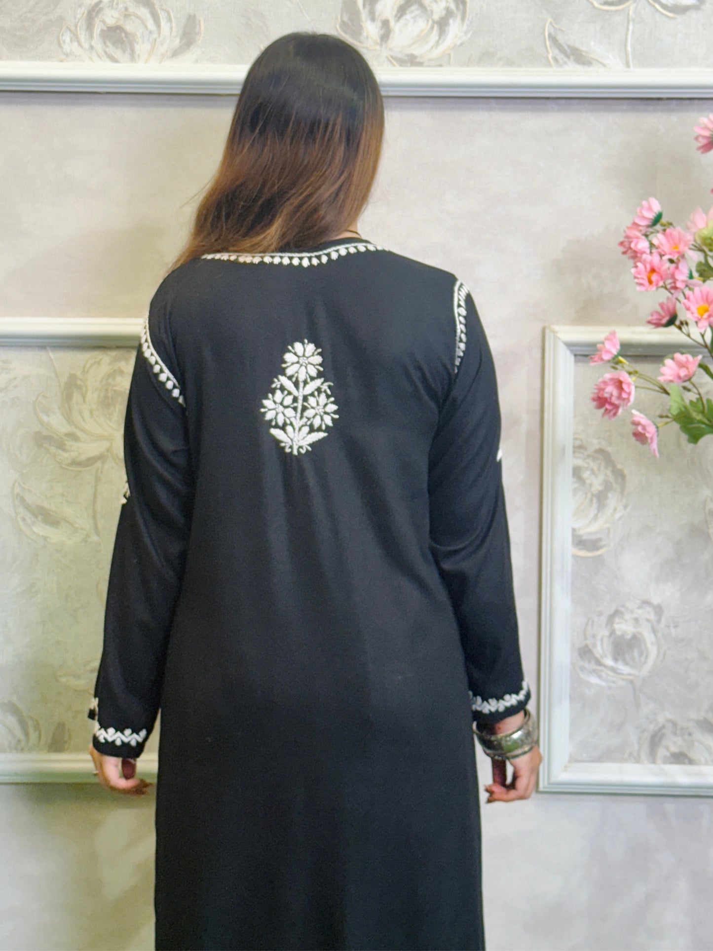 Black Lucknow Chikankari hand-embroidered rayon kurta with matching dhoti pant set