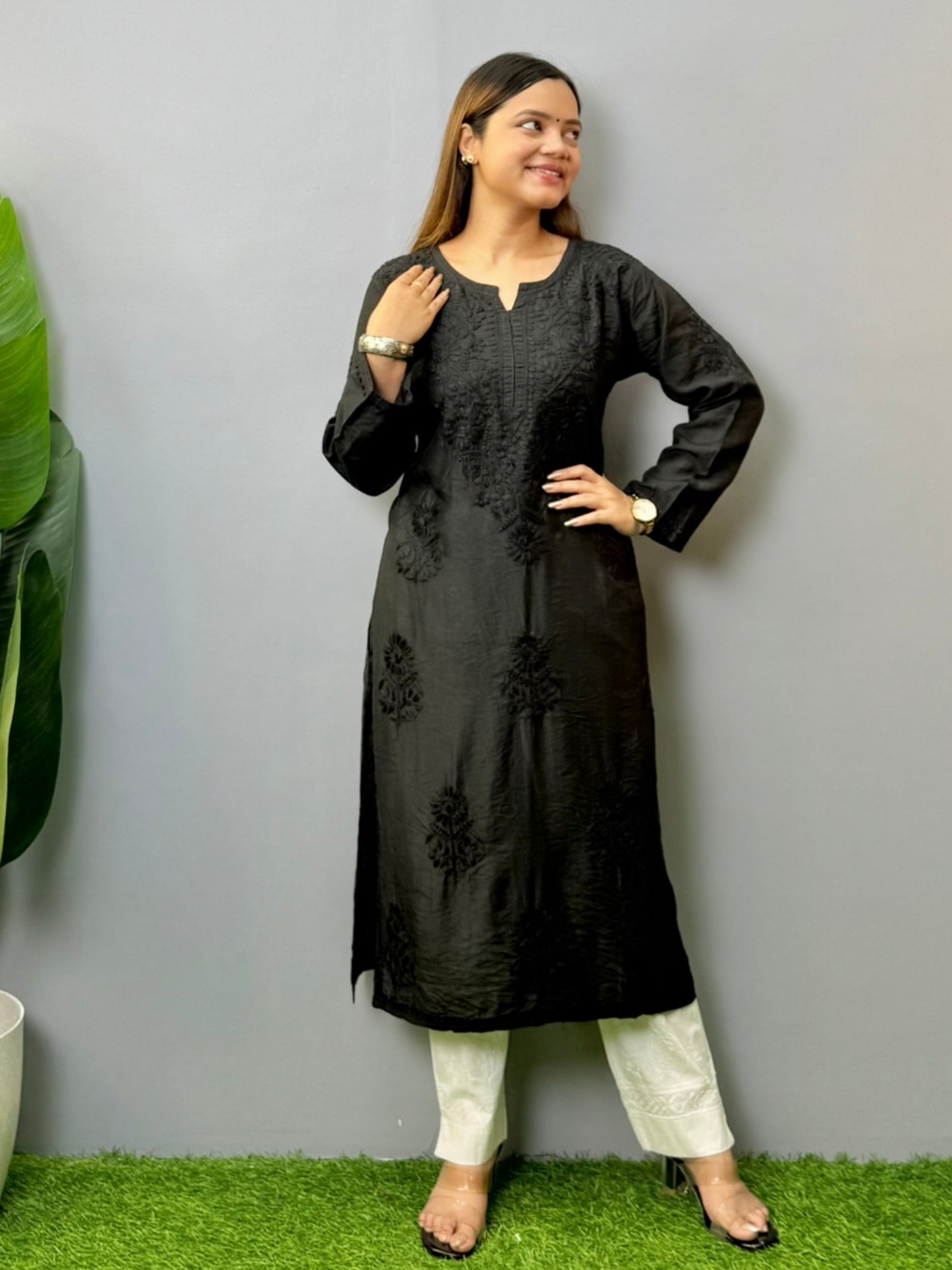 Black Chanderi Lucknowi chikankari kurta with tone-on-tone embroidery