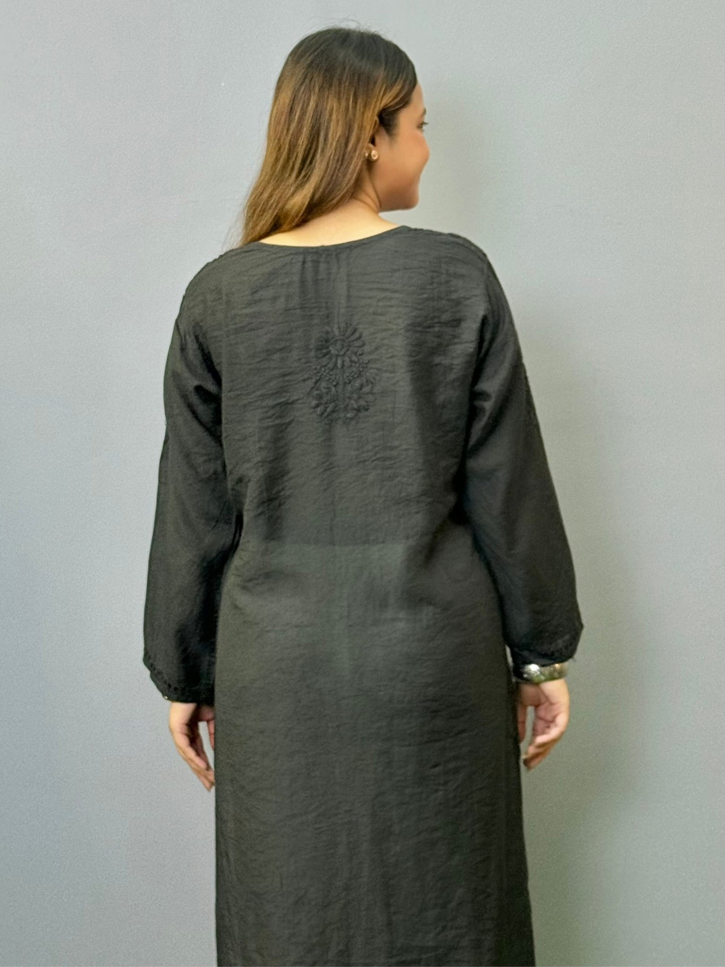 Black Chanderi Lucknowi chikankari kurta with tone-on-tone embroidery