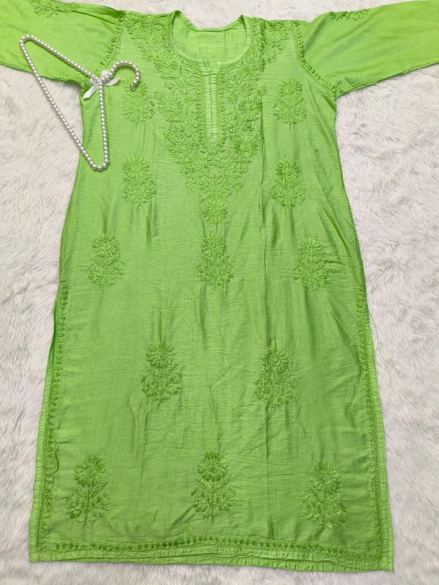 Green Chanderi Lucknow Chikankari Kurta with hand embroidery