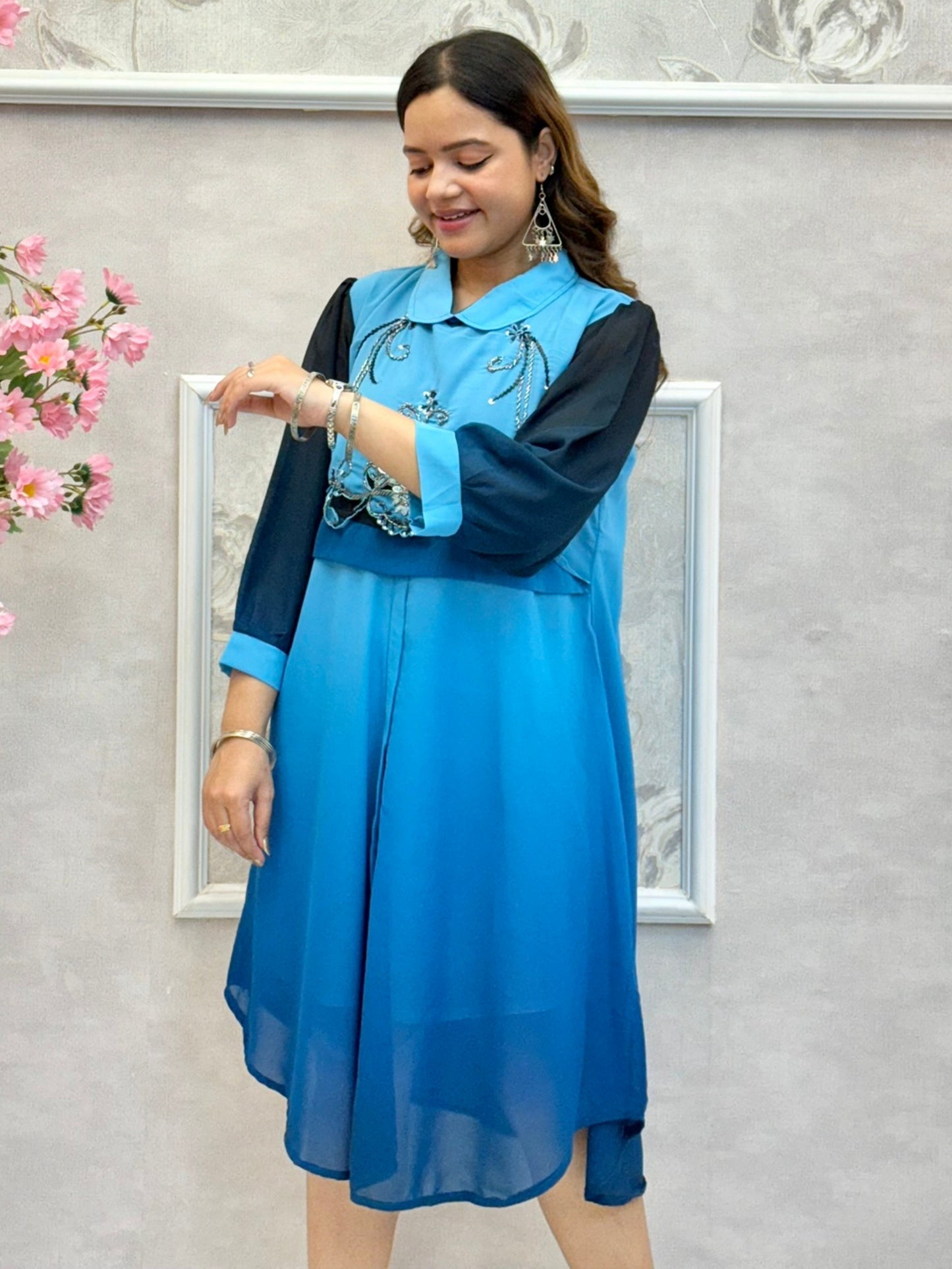Royal blue and navy ombre Indo-Western georgette dress with handwork and designer yoke