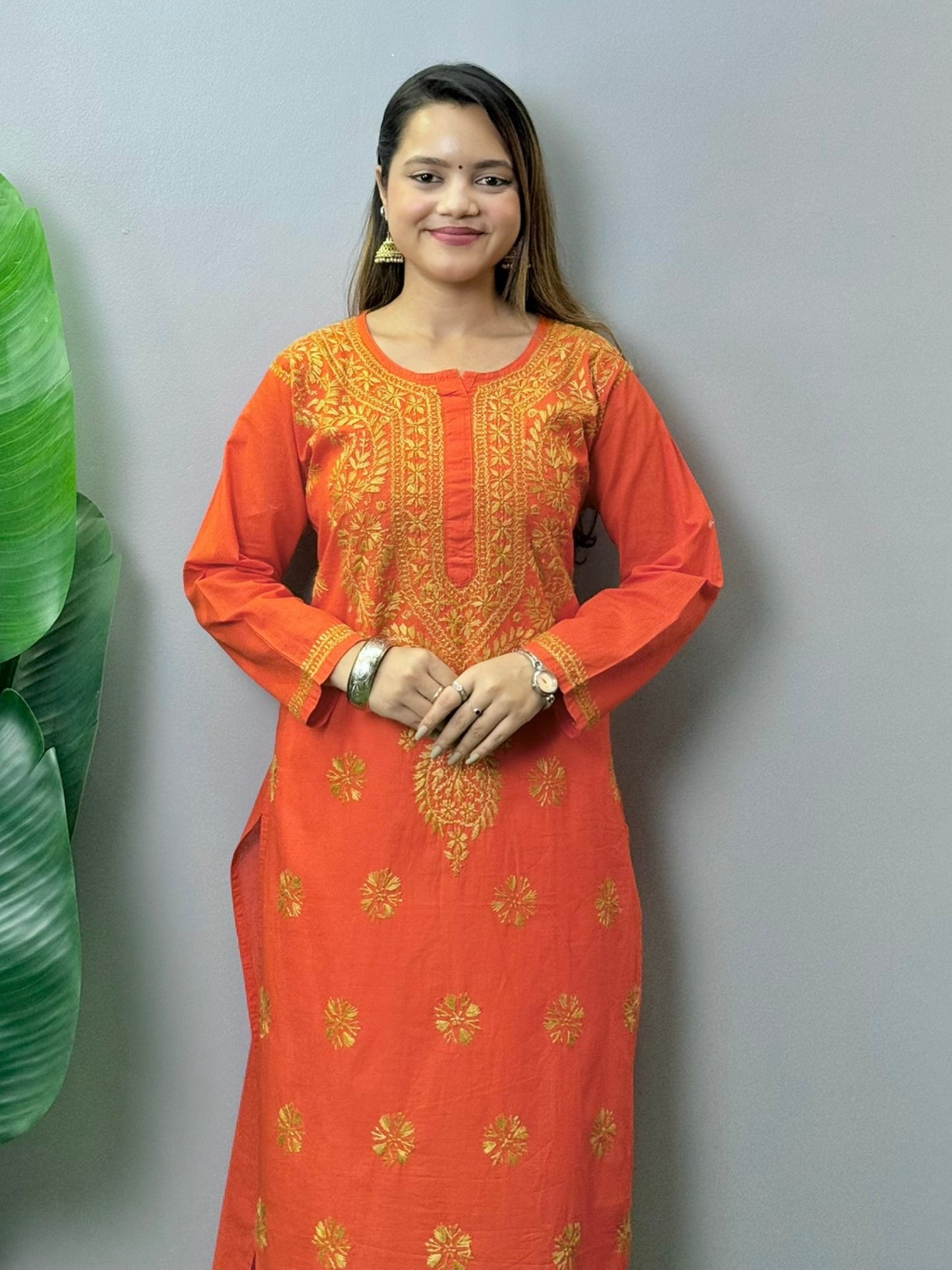 Rust Orange Cotton Lucknowi Chikankari Kurta