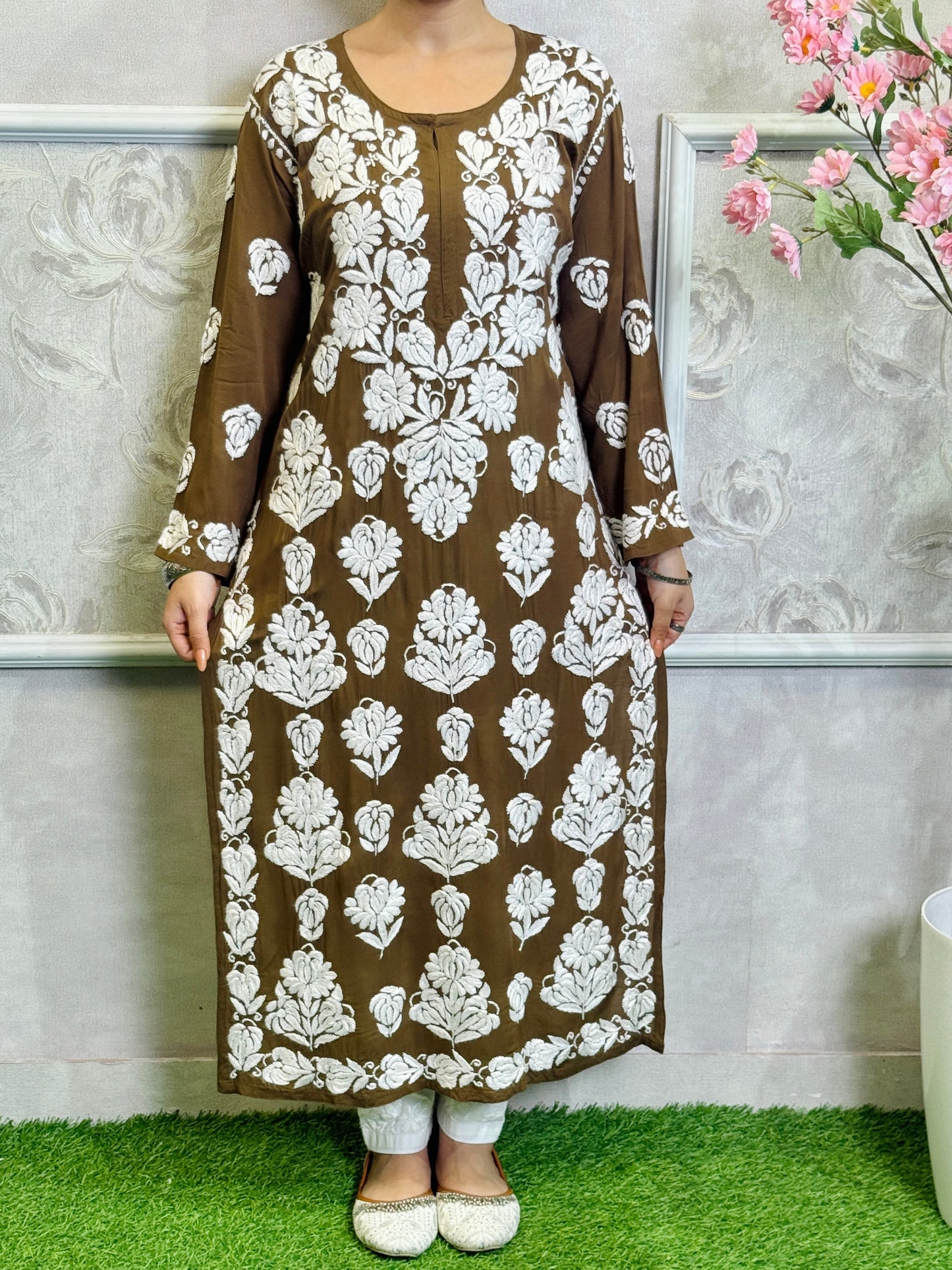 Brown modal fabric Lucknow Chikankari kurta with white hand embroidery