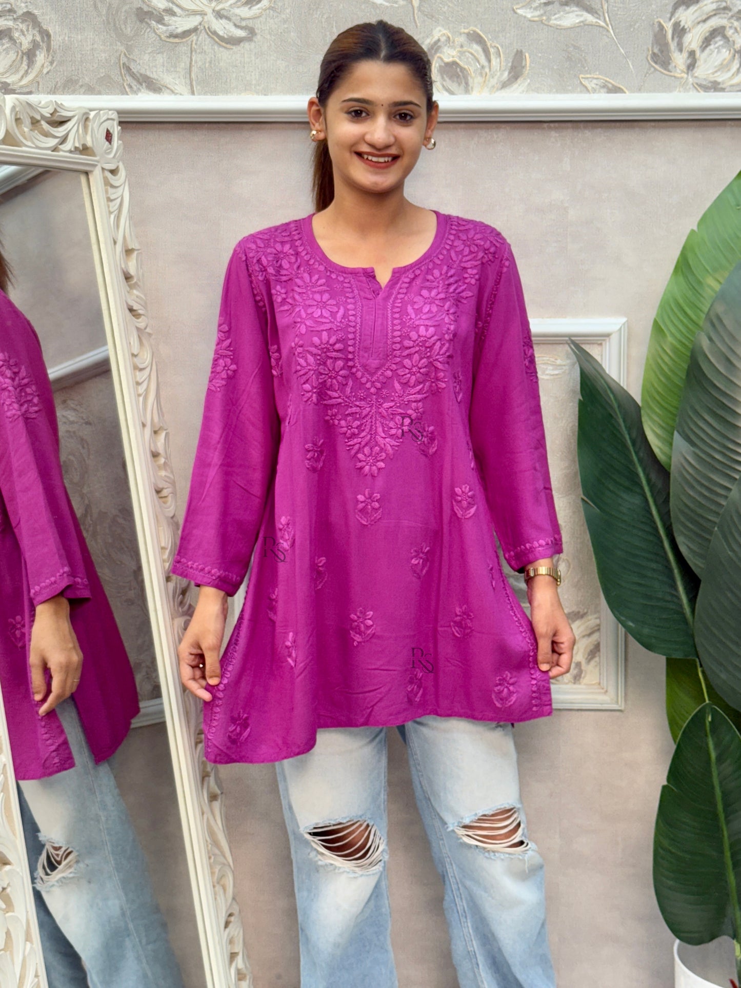 Magenta purple Lucknow Chikankari short rayon kurta with hand embroidery.