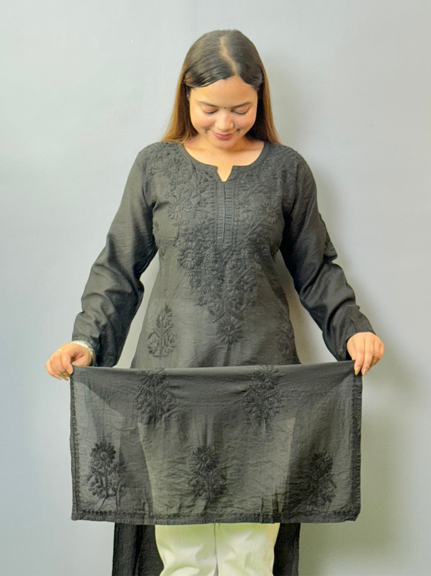 Black Chanderi Lucknowi chikankari kurta with tone-on-tone embroidery