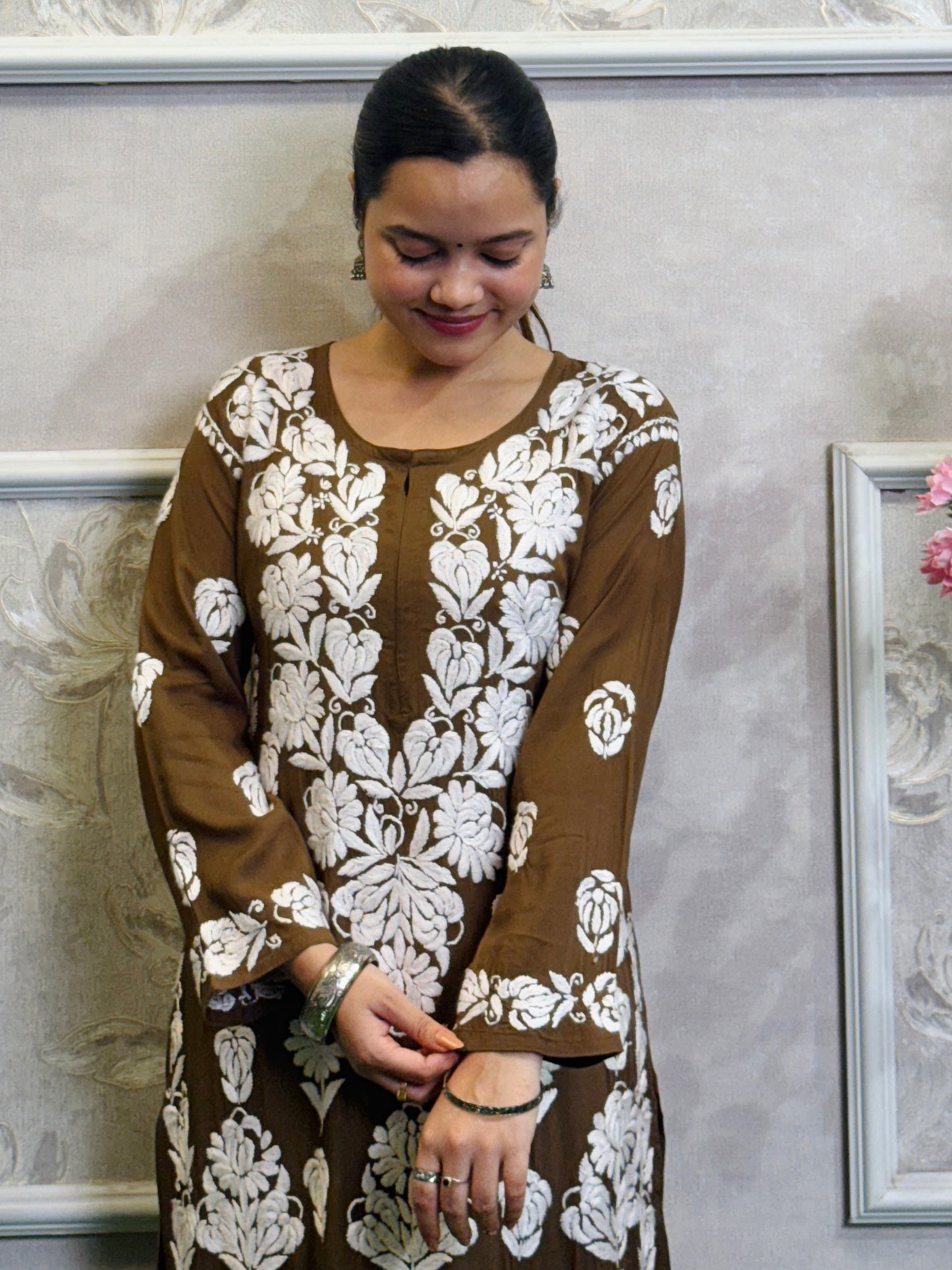Brown modal fabric Lucknow Chikankari kurta with white hand embroidery