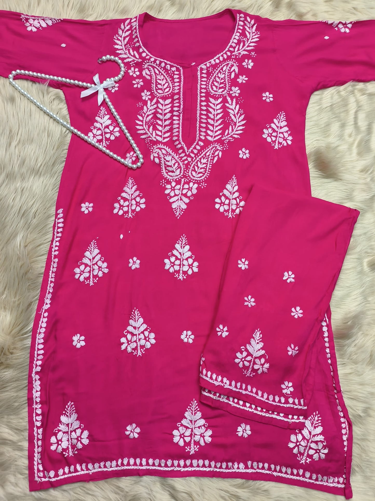 Hot pink rayon chikankari kurta and palazzo set with white hand embroidery