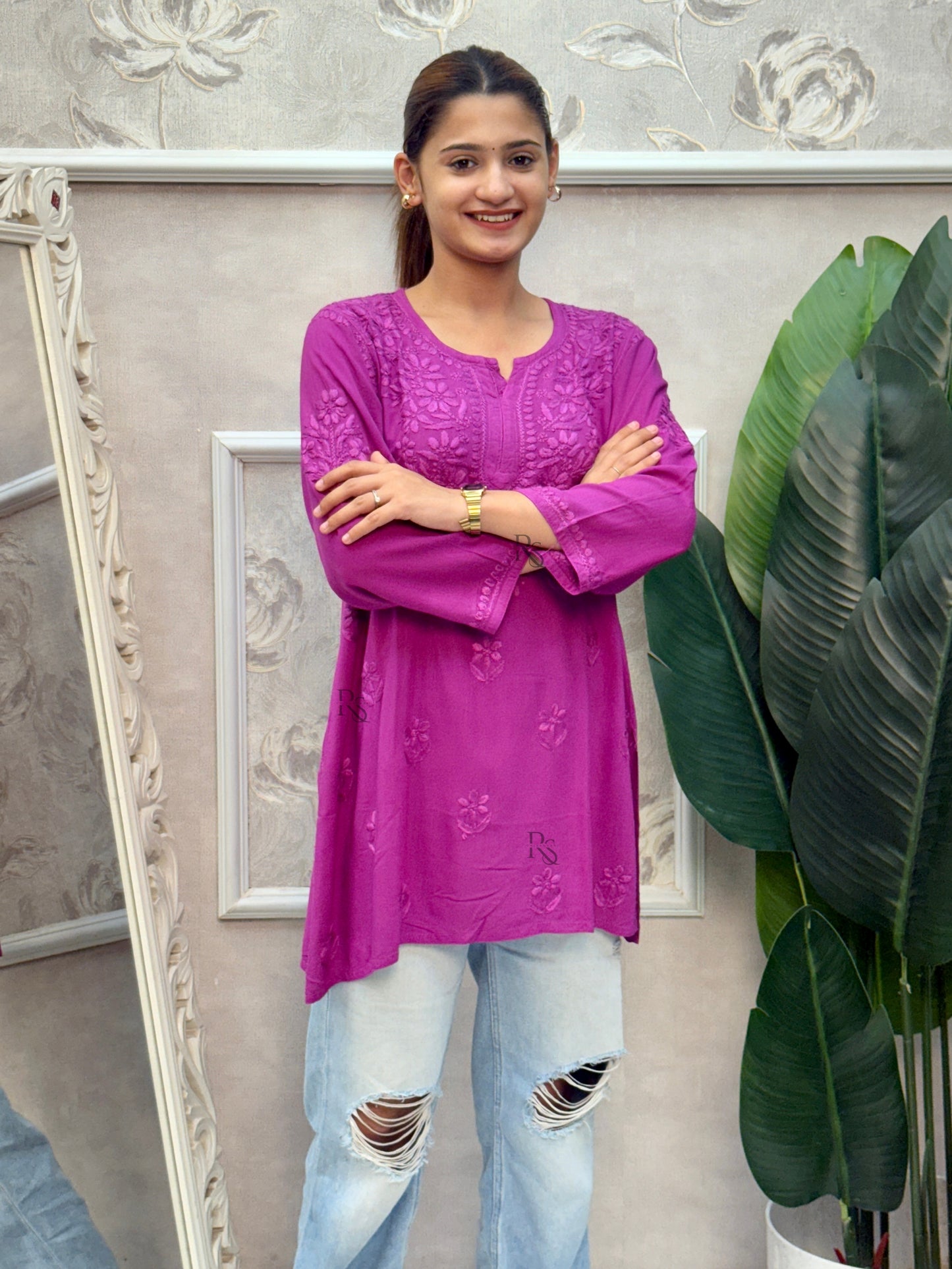 Magenta purple Lucknow Chikankari short rayon kurta with hand embroidery.