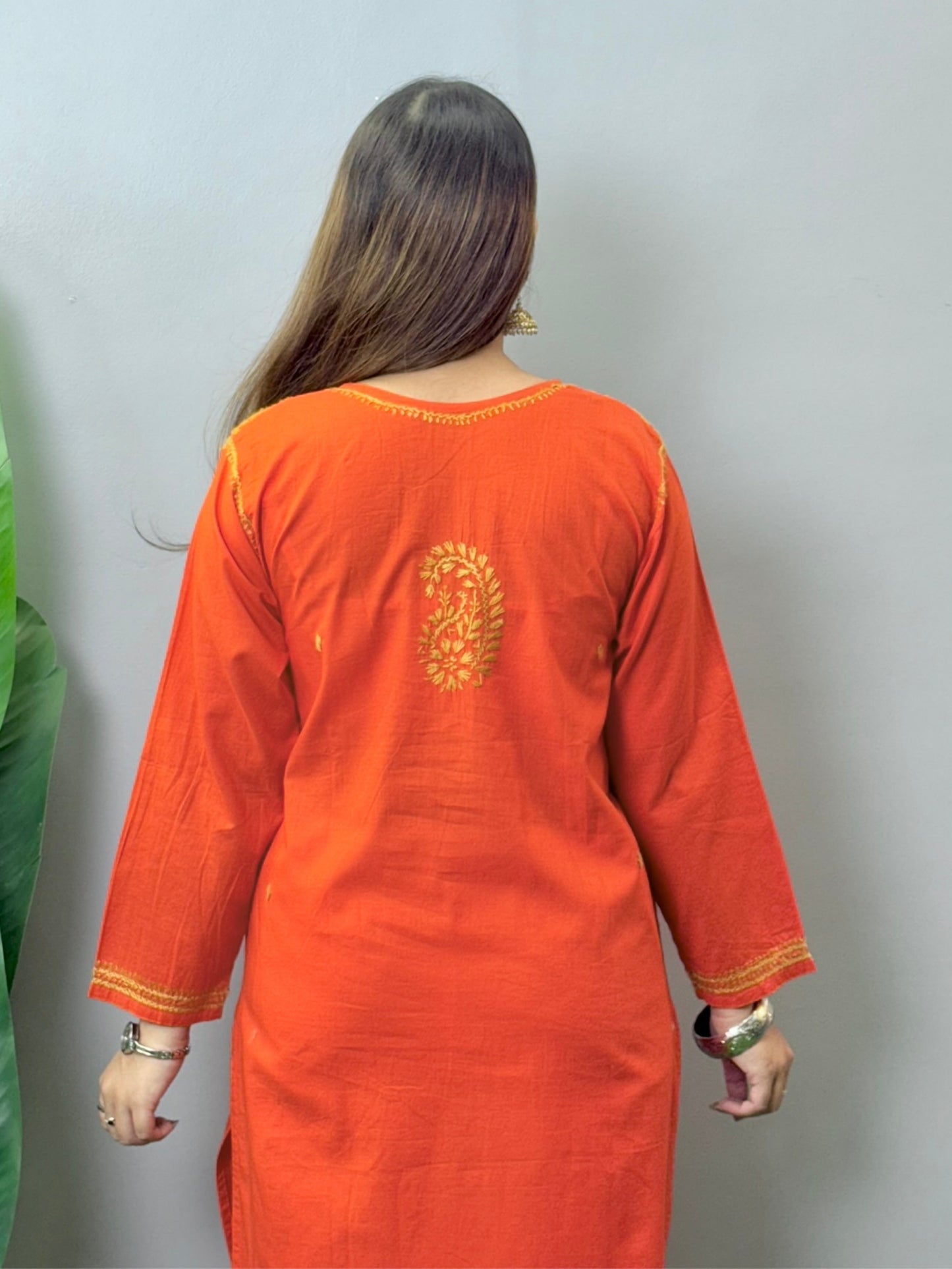 Rust Orange Cotton Lucknowi Chikankari Kurta