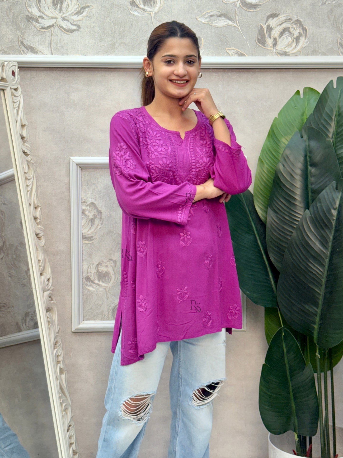 Magenta purple Lucknow Chikankari short rayon kurta with hand embroidery.