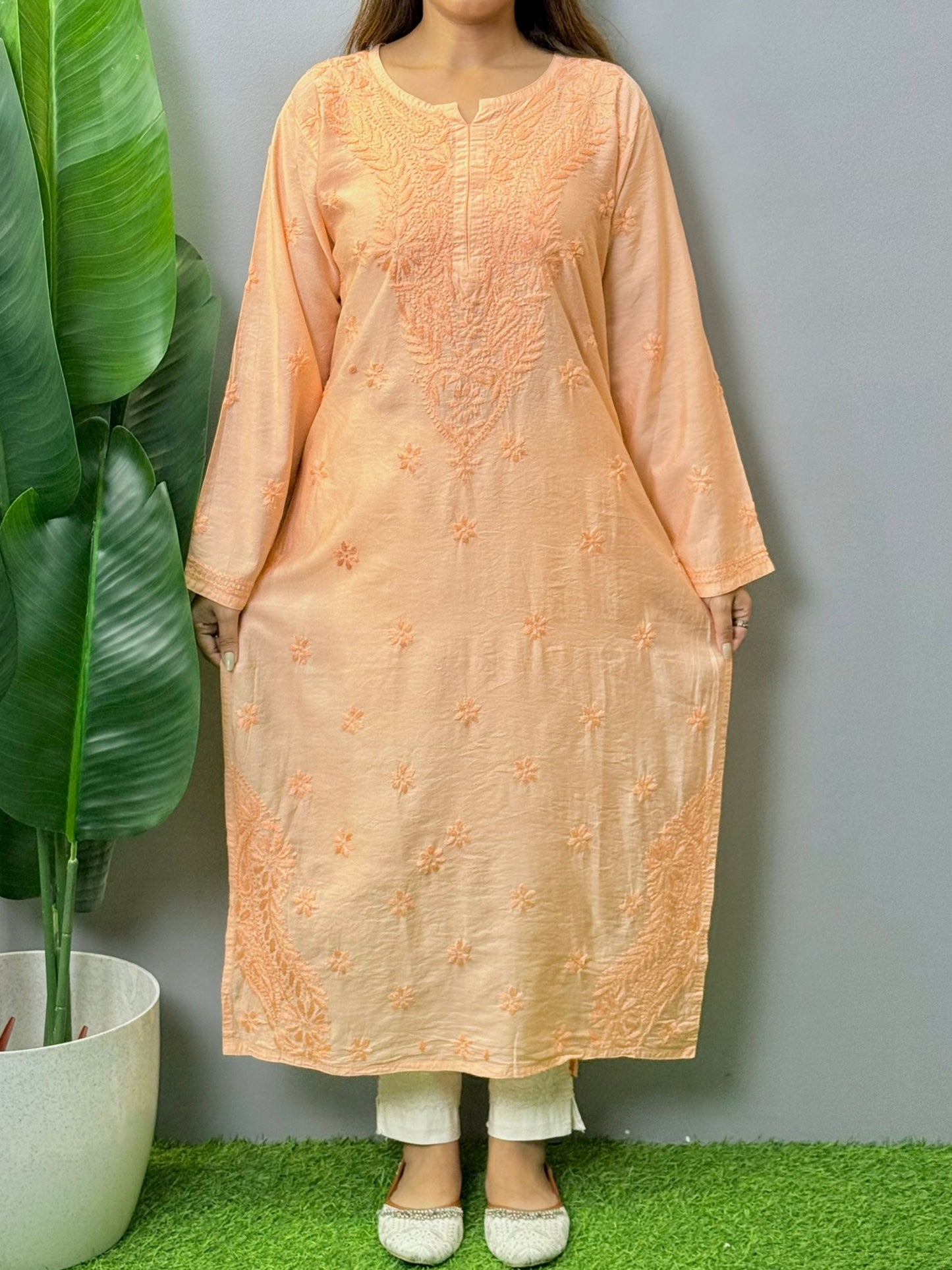 Peach Chanderi fabric Lucknowi Chikankari kurta with all-over hand embroidery, premium quality, soft and comfortable
