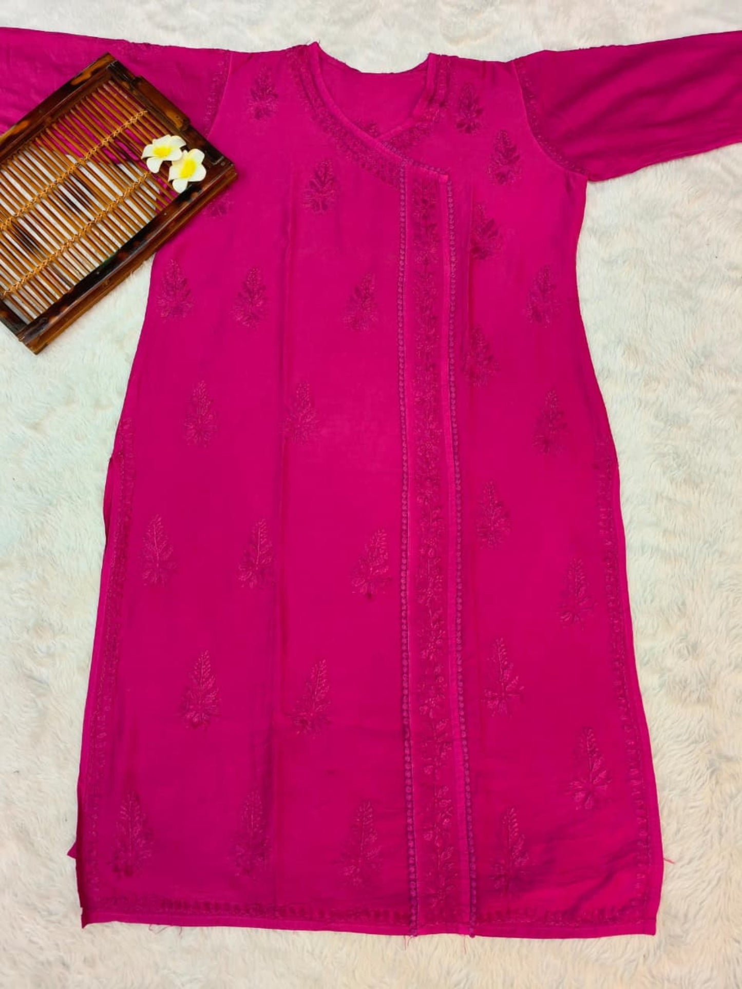 Magenta Lucknow Chikankari angrakha style kurta in chanderi fabric with hand embroidery