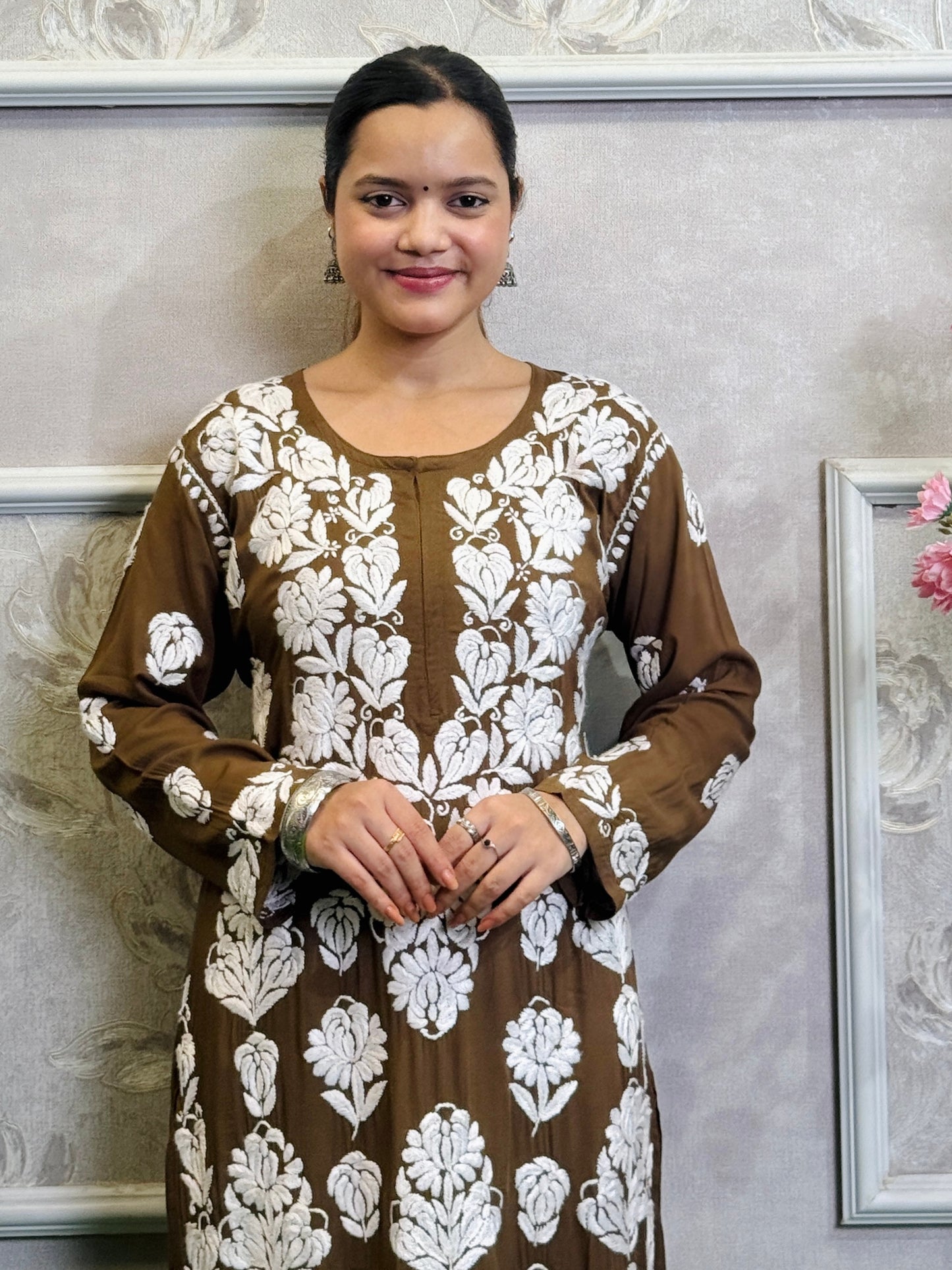 Brown modal fabric Lucknow Chikankari kurta with white hand embroidery