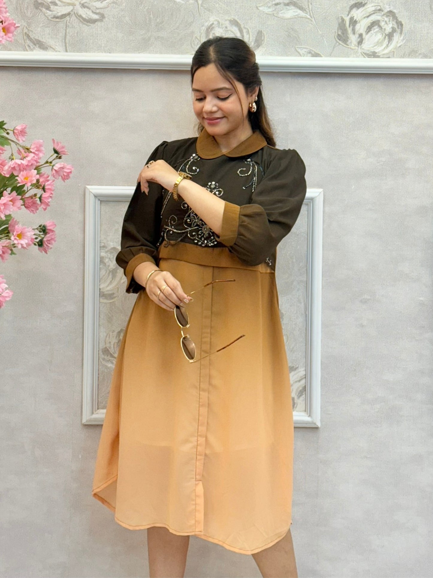 Mocha ombre Indo-Western knee-length dress with handwork and collar neck