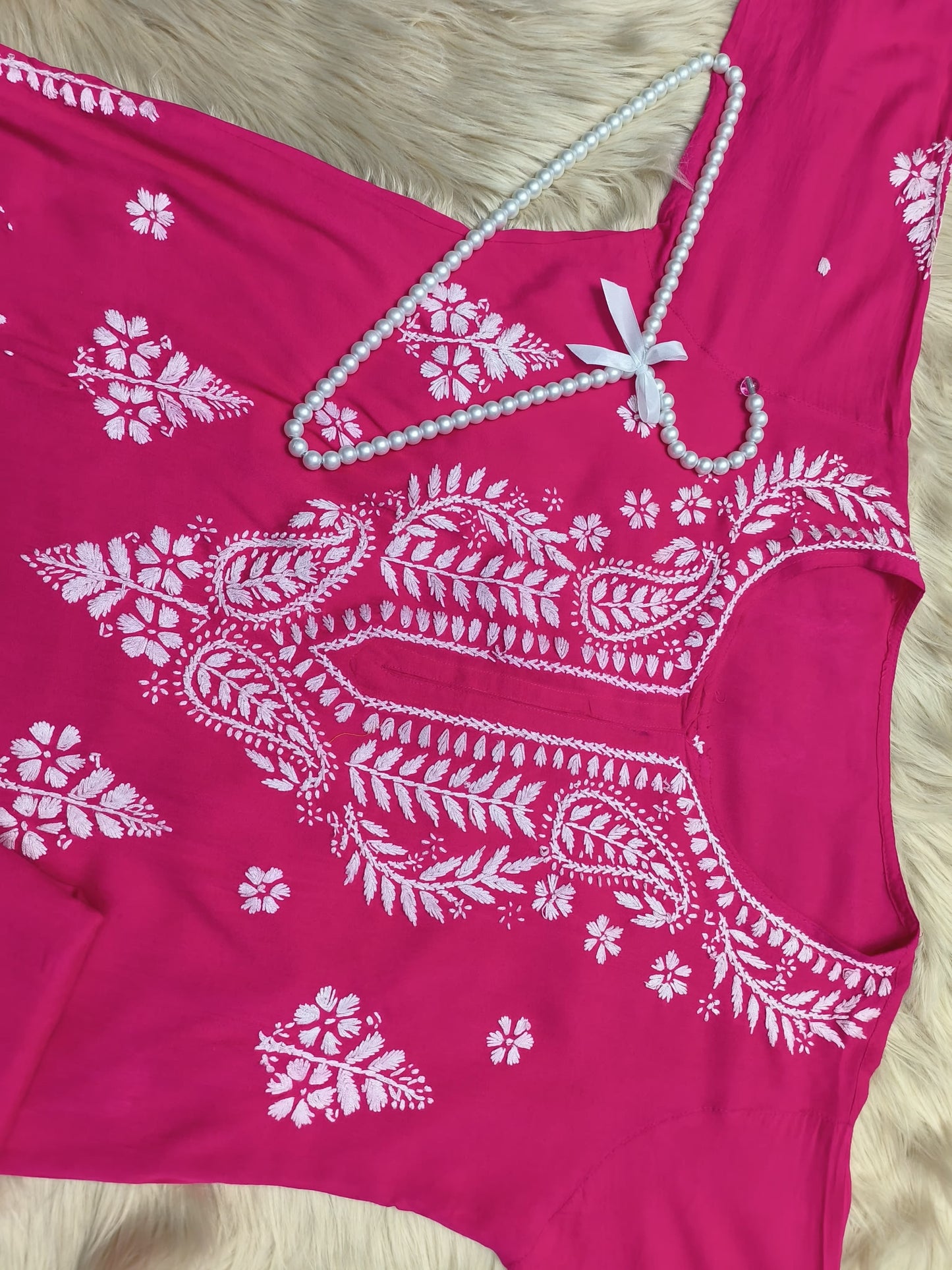 Hot pink rayon chikankari kurta and palazzo set with white hand embroidery