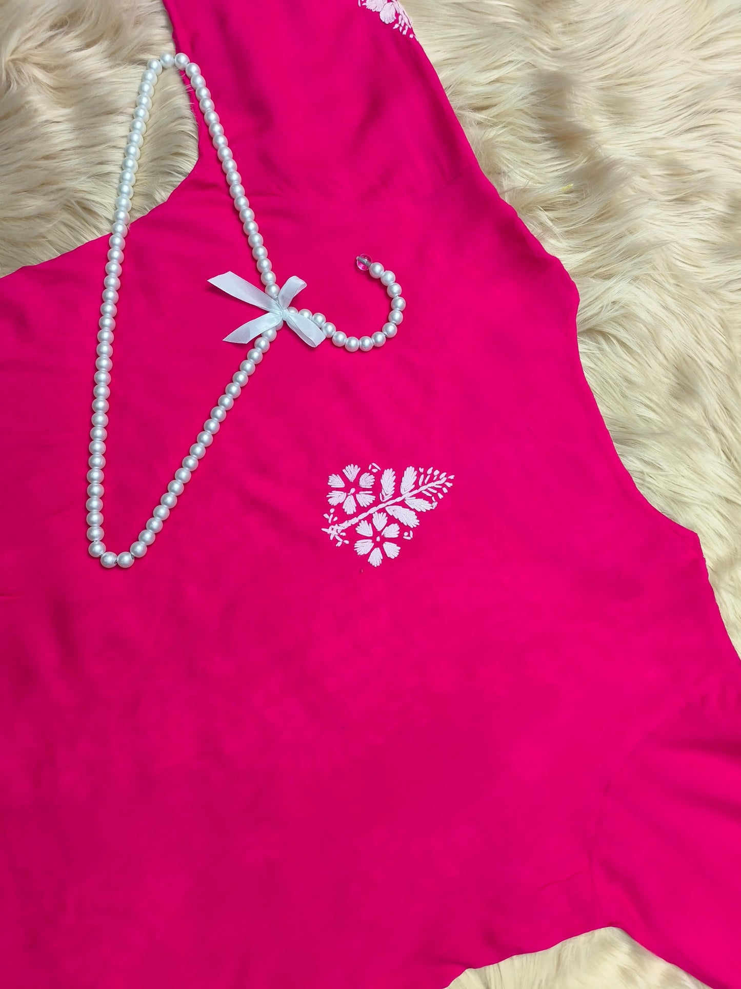 Hot pink rayon chikankari kurta and palazzo set with white hand embroidery