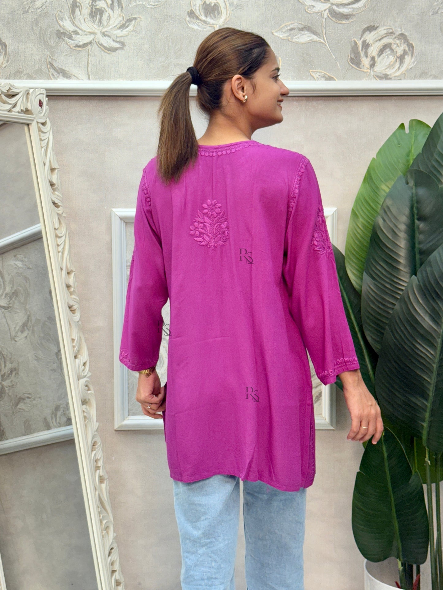 Magenta purple Lucknow Chikankari short rayon kurta with hand embroidery.