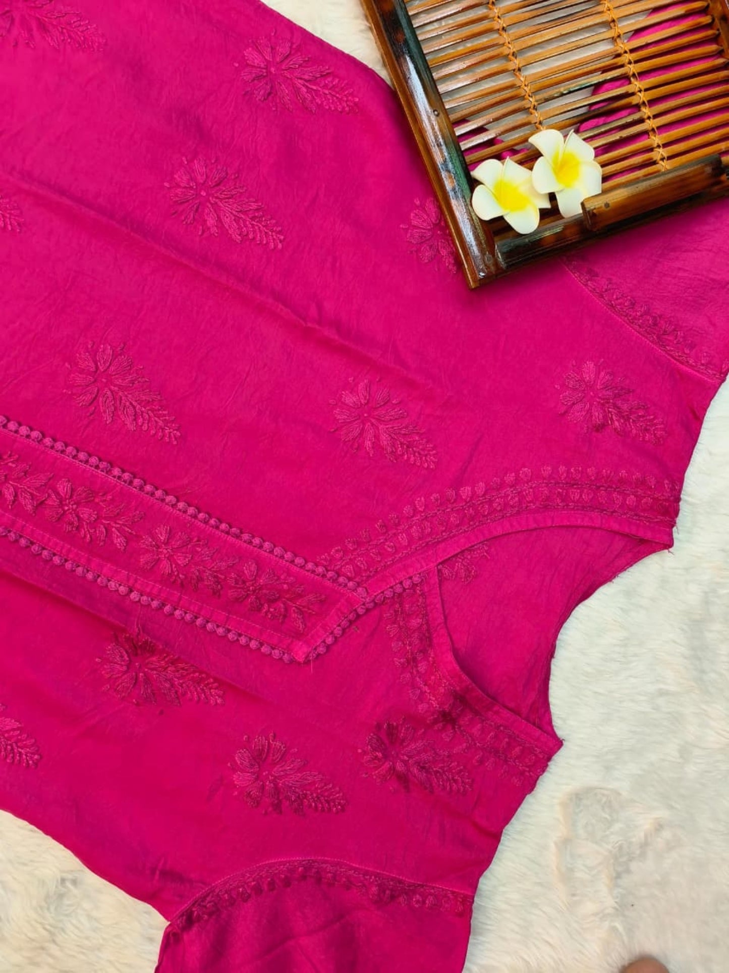 Magenta Lucknow Chikankari angrakha style kurta in chanderi fabric with hand embroidery