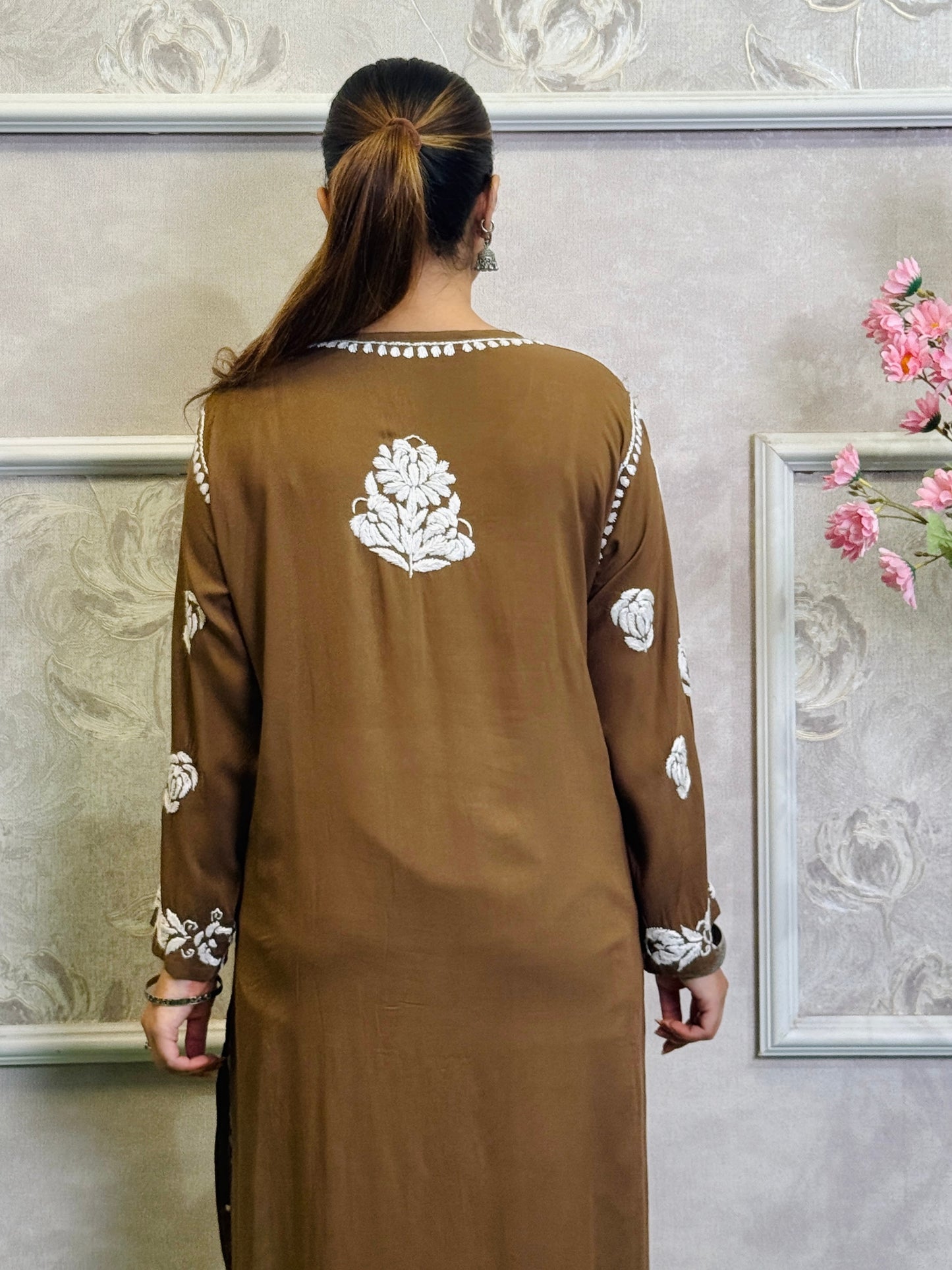 Brown modal fabric Lucknow Chikankari kurta with white hand embroidery