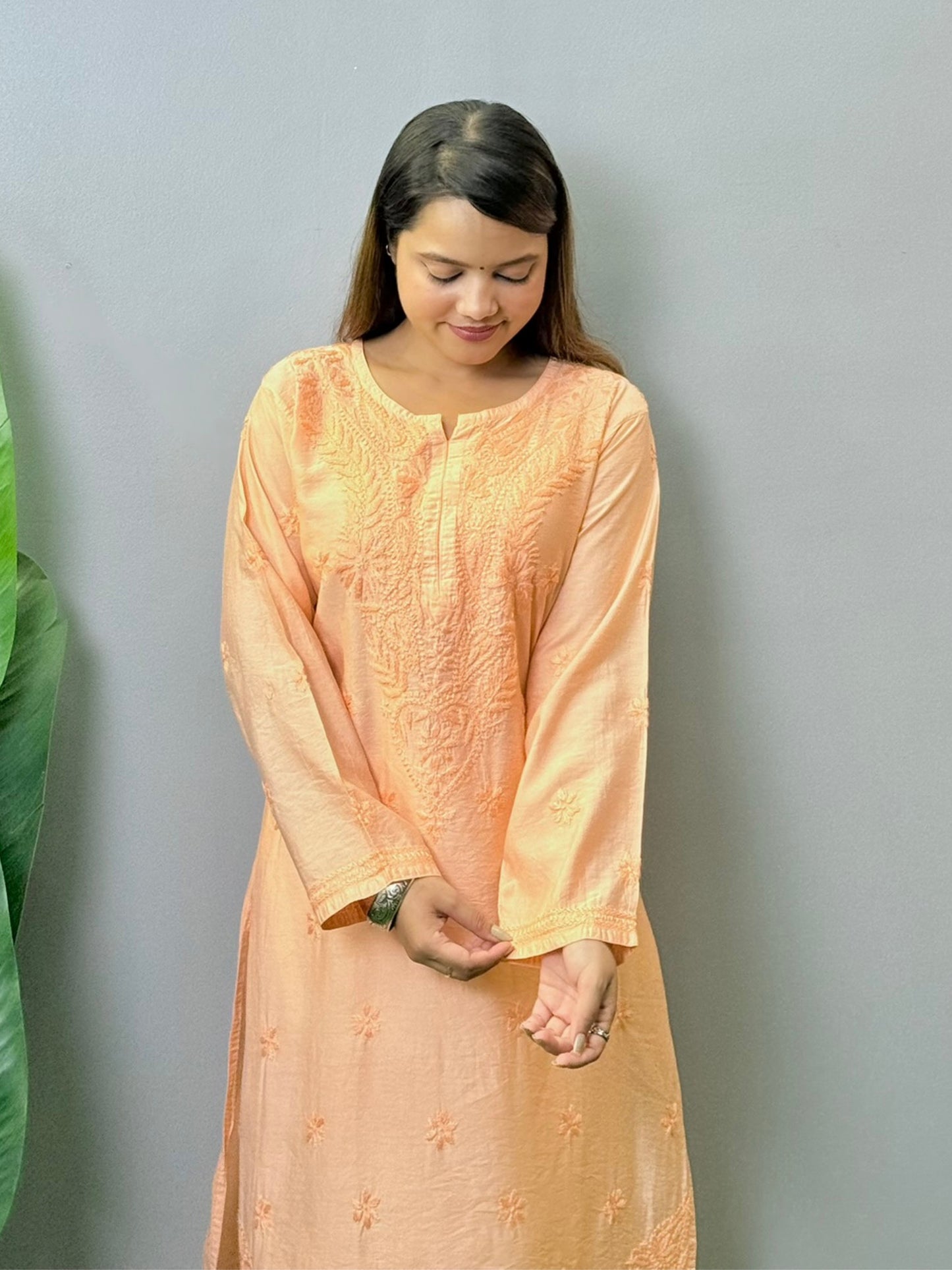 Peach Chanderi fabric Lucknowi Chikankari kurta with all-over hand embroidery, premium quality, soft and comfortable