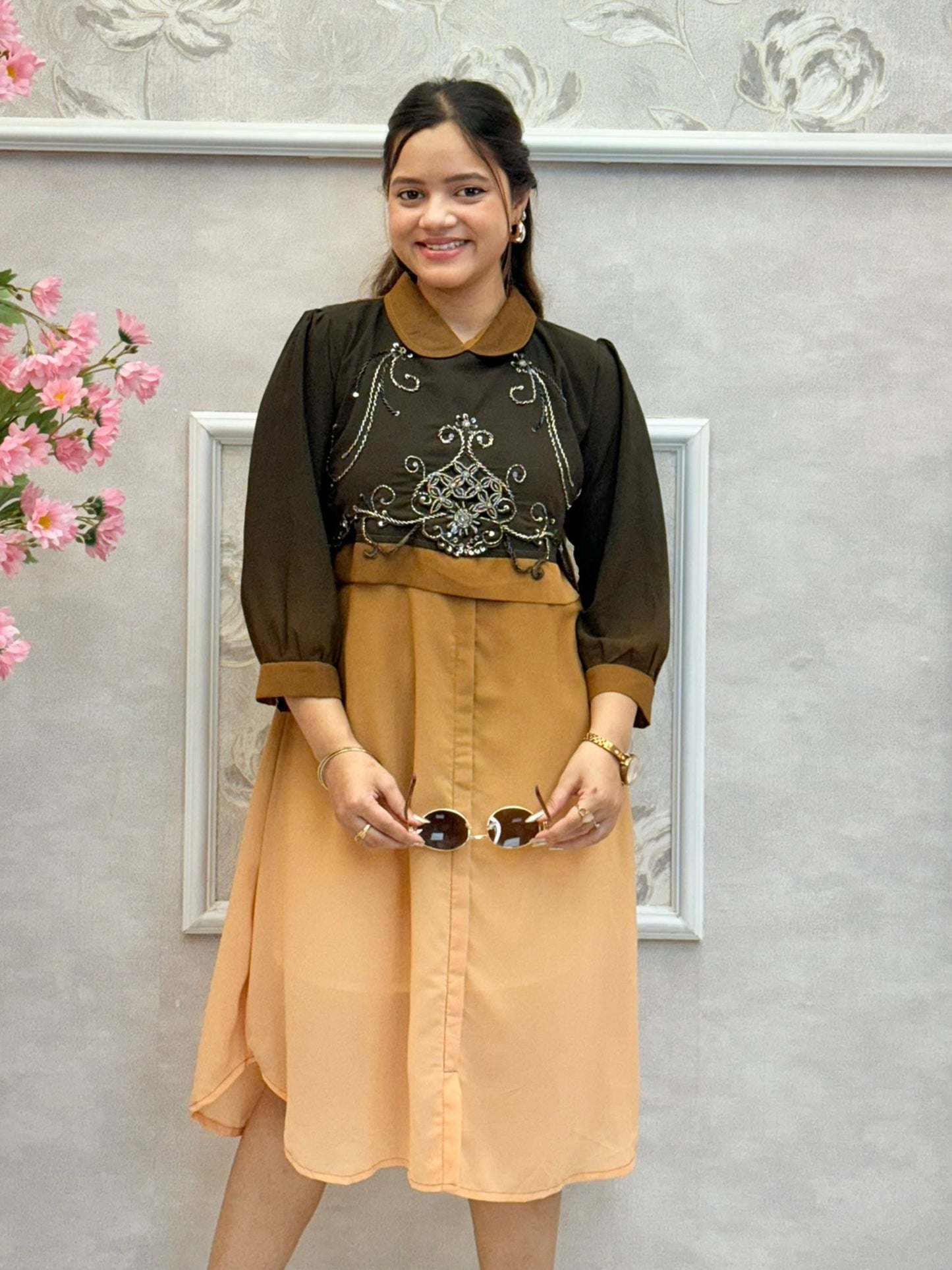 Mocha ombre Indo-Western knee-length dress with handwork and collar neck
