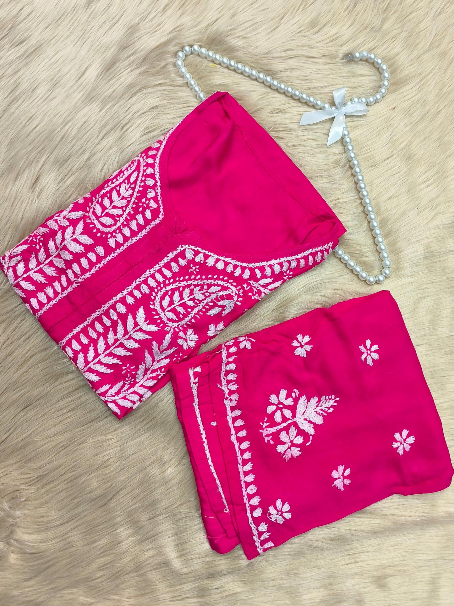 Hot pink rayon chikankari kurta and palazzo set with white hand embroidery
