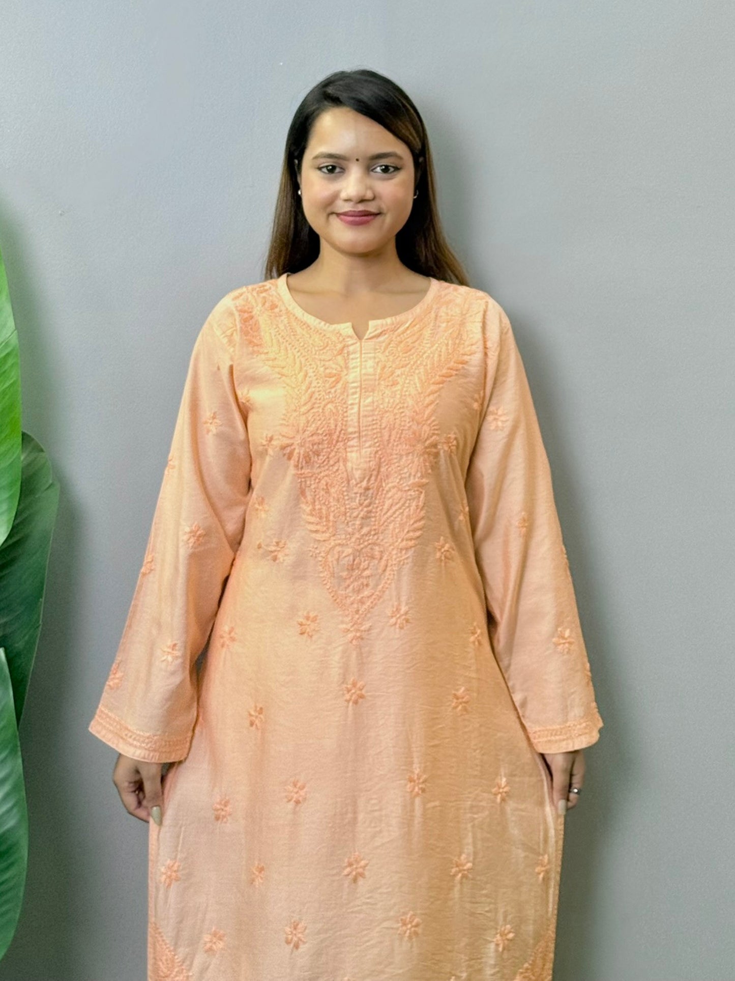 Peach Chanderi fabric Lucknowi Chikankari kurta with all-over hand embroidery, premium quality, soft and comfortable
