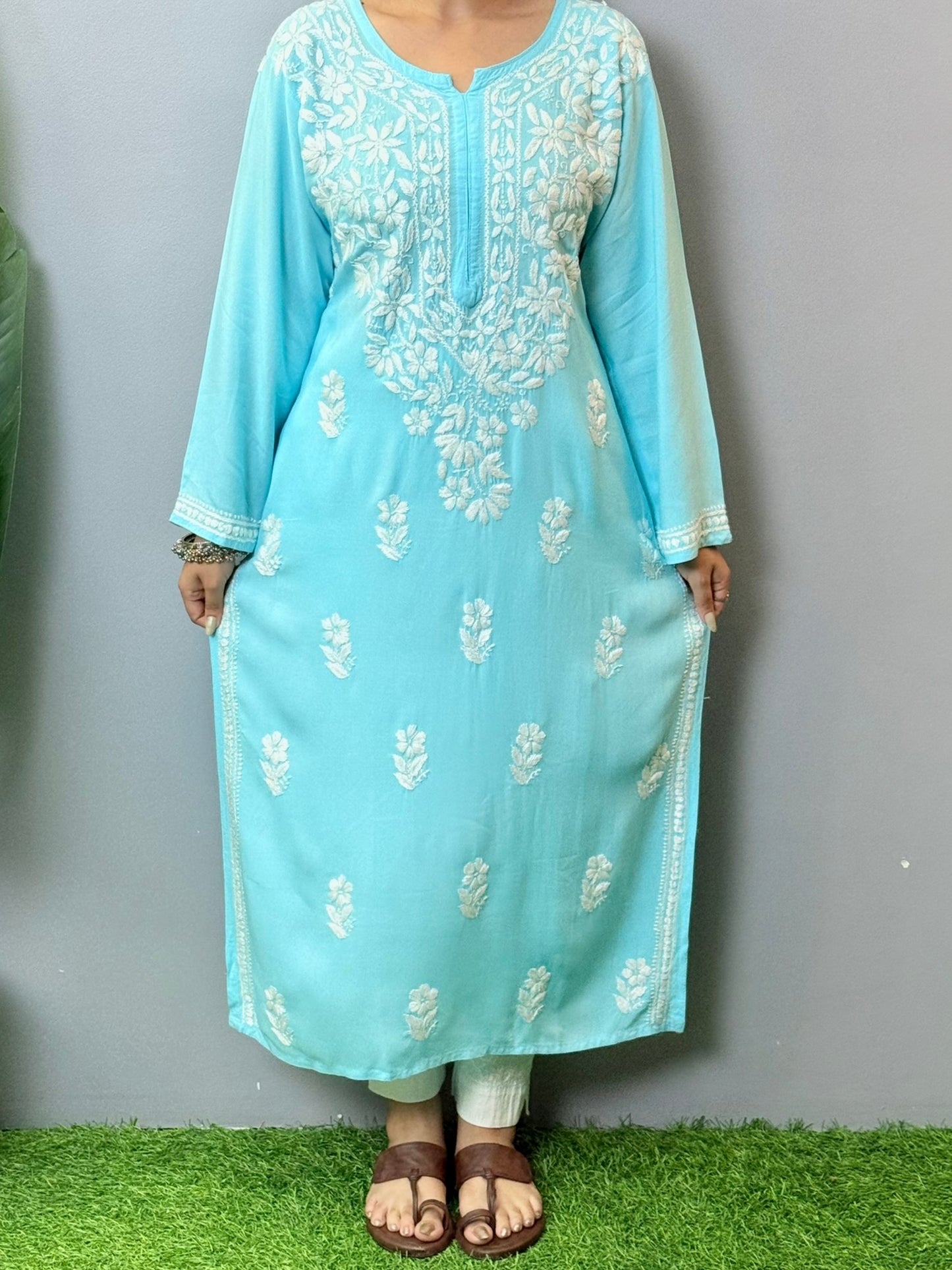 Sky blue rayon Lucknowi Chikankari kurta with white hand embroidery, front view