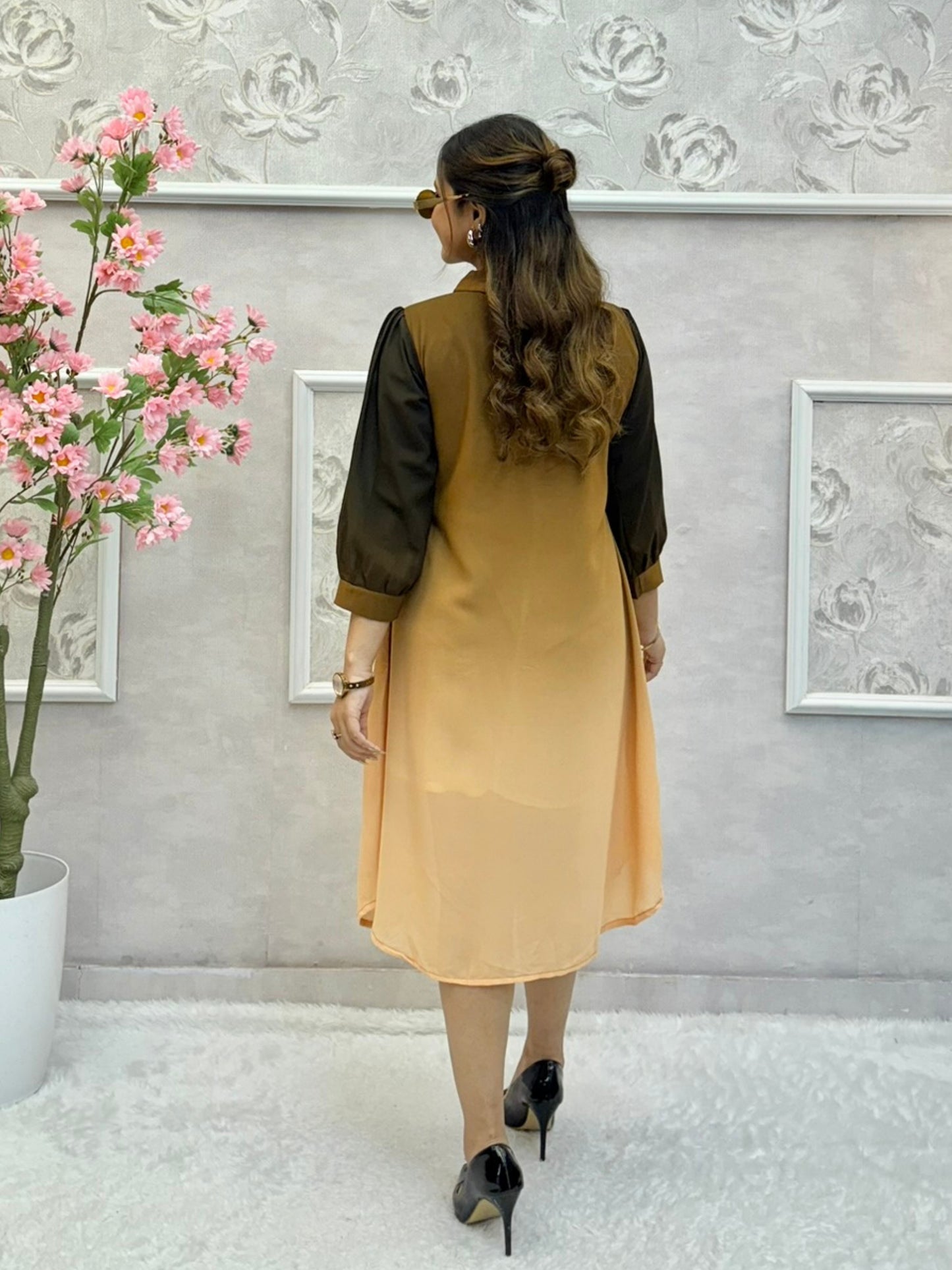Mocha ombre Indo-Western knee-length dress with handwork and collar neck