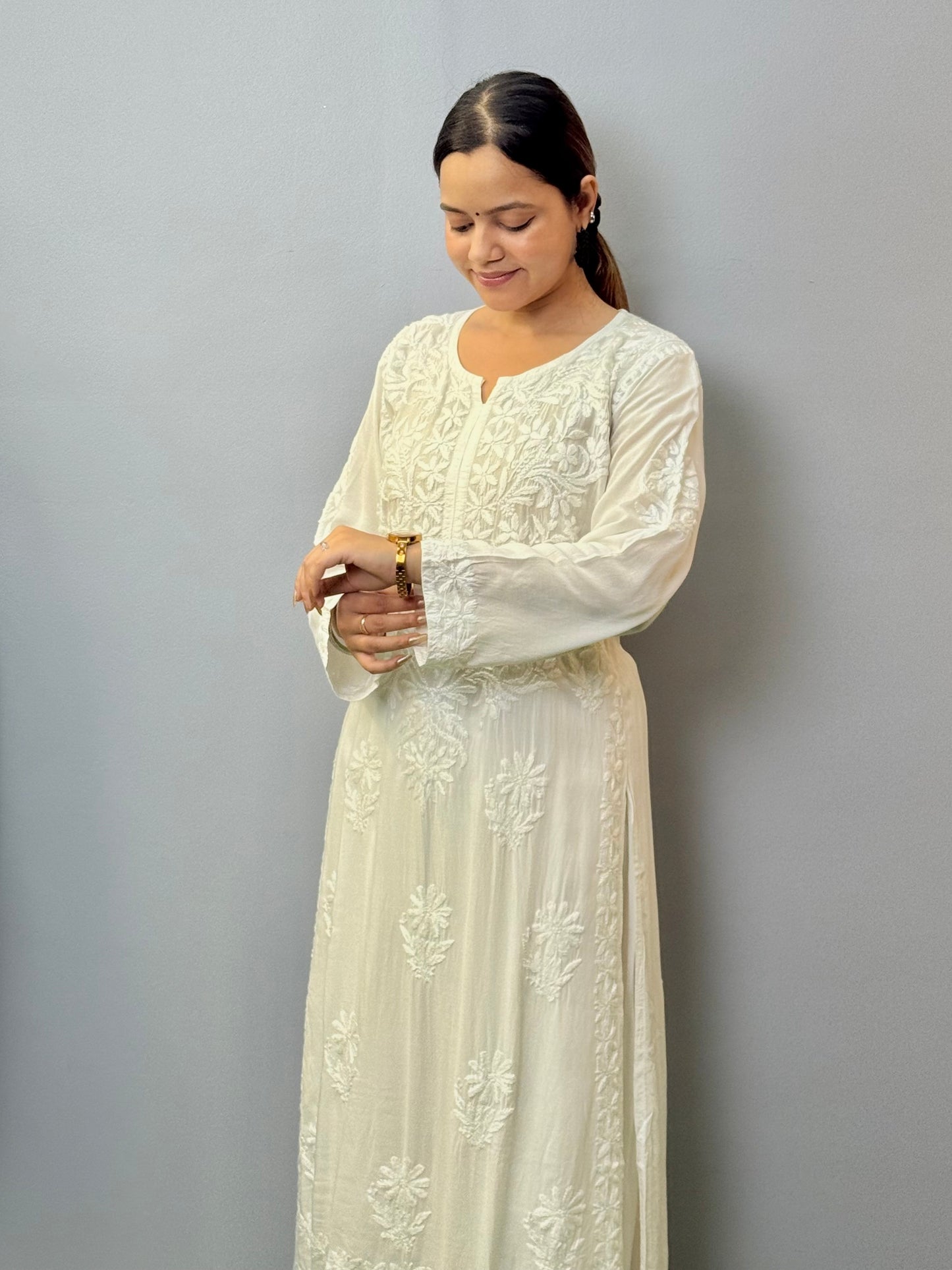 White Lucknow Chikankari modal kurta with hand embroidery, dyable fabric, soft and comfortable wear.