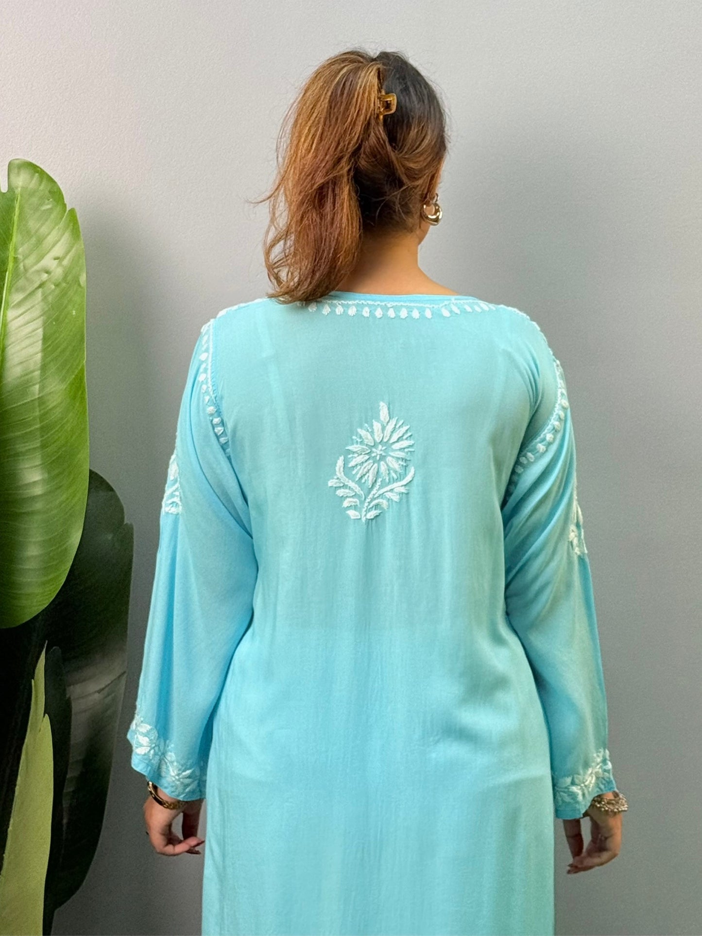 Turquoise blue modal Chikankari kurta with white hand embroidery – soft and elegant ethnic wear for women