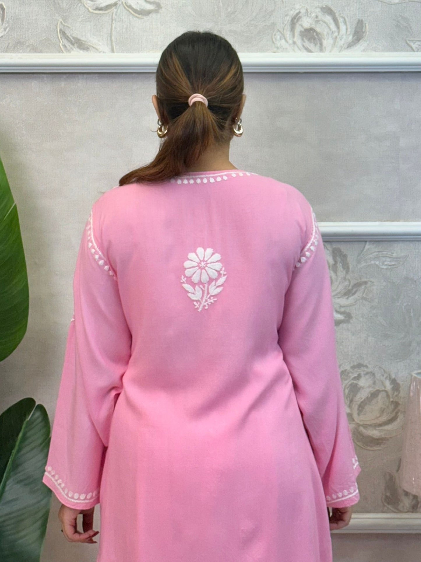 Pink rayon chikankari kurta and Afghani pant set with white hand embroidery – soft and comfortable