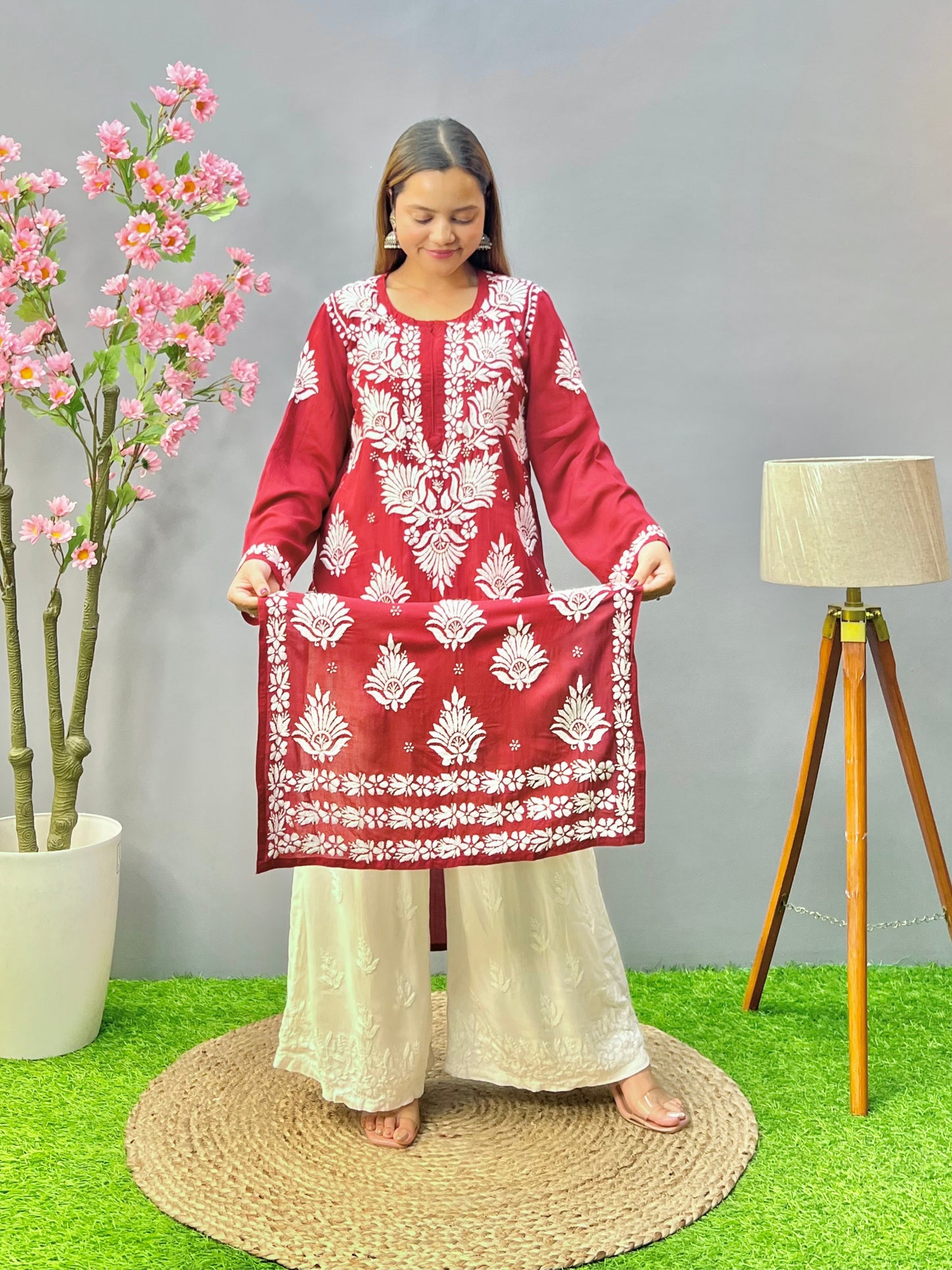 Maroon modal fabric chikankari kurta with white embroidery