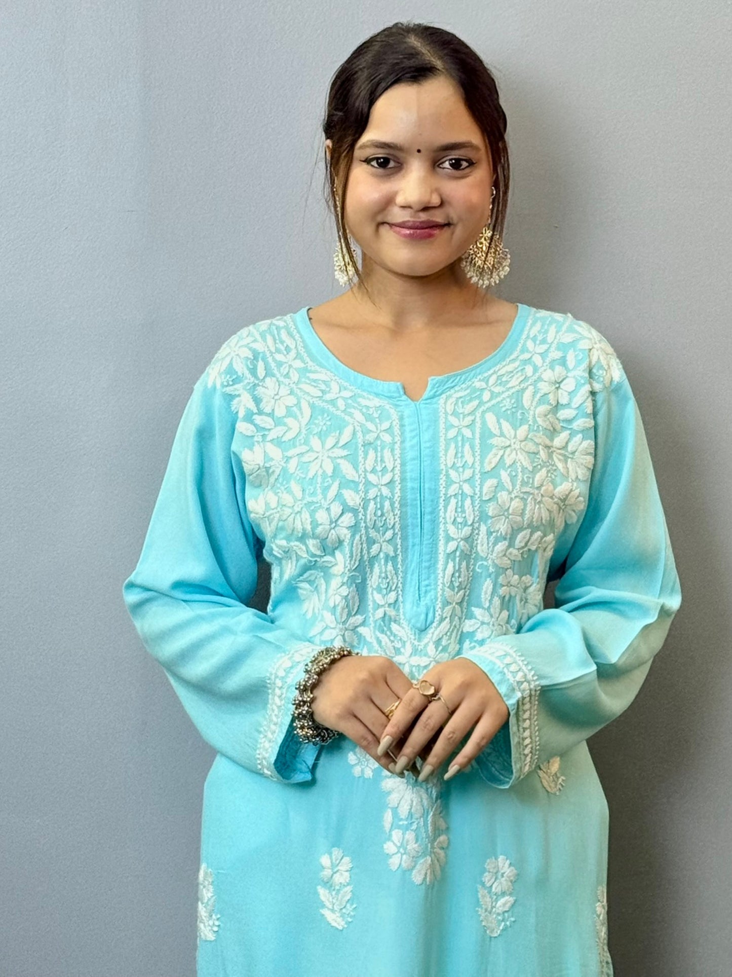 Sky blue rayon Lucknowi Chikankari kurta with white hand embroidery, front view