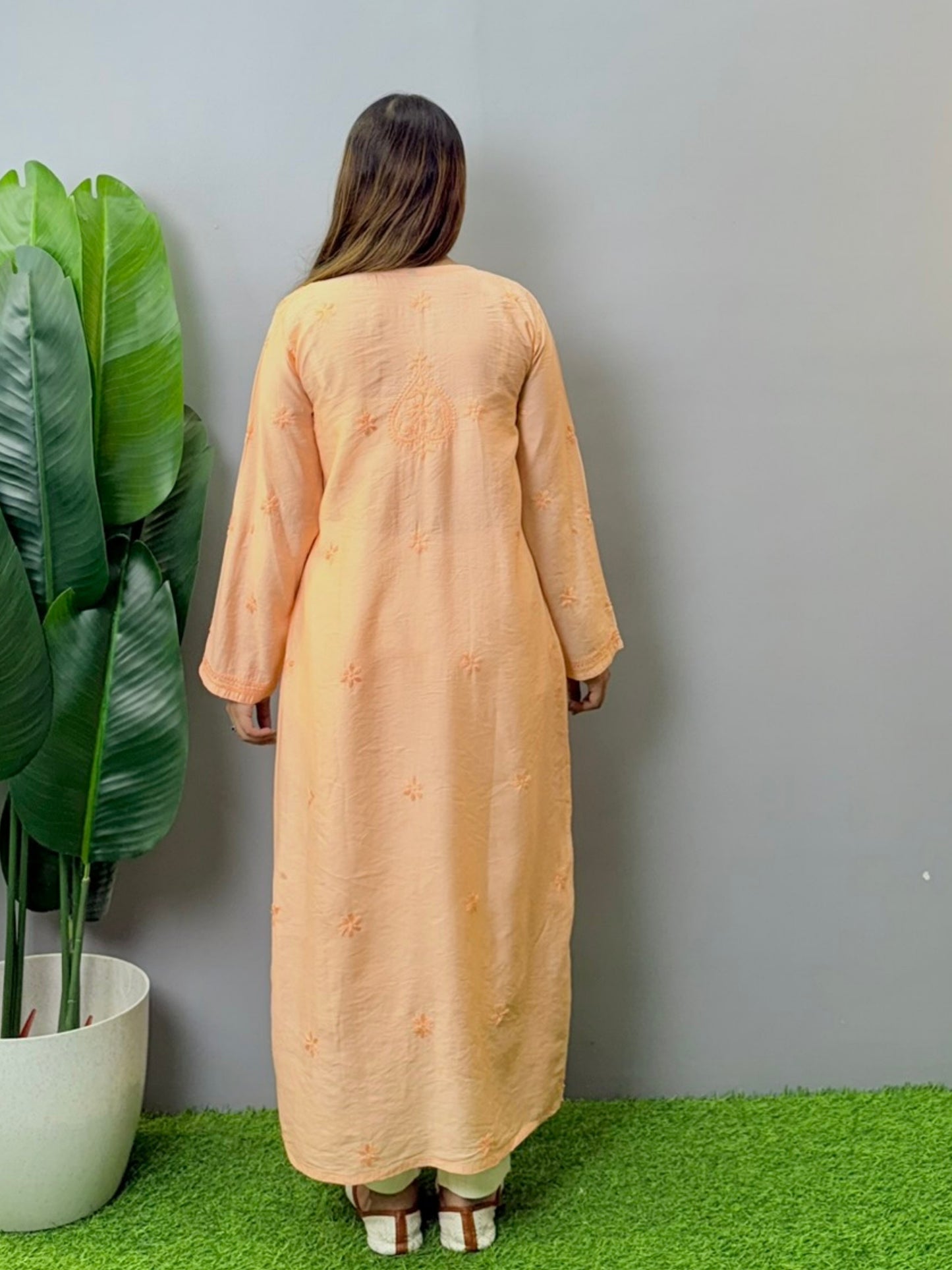 Peach Chanderi fabric Lucknowi Chikankari kurta with all-over hand embroidery, premium quality, soft and comfortable