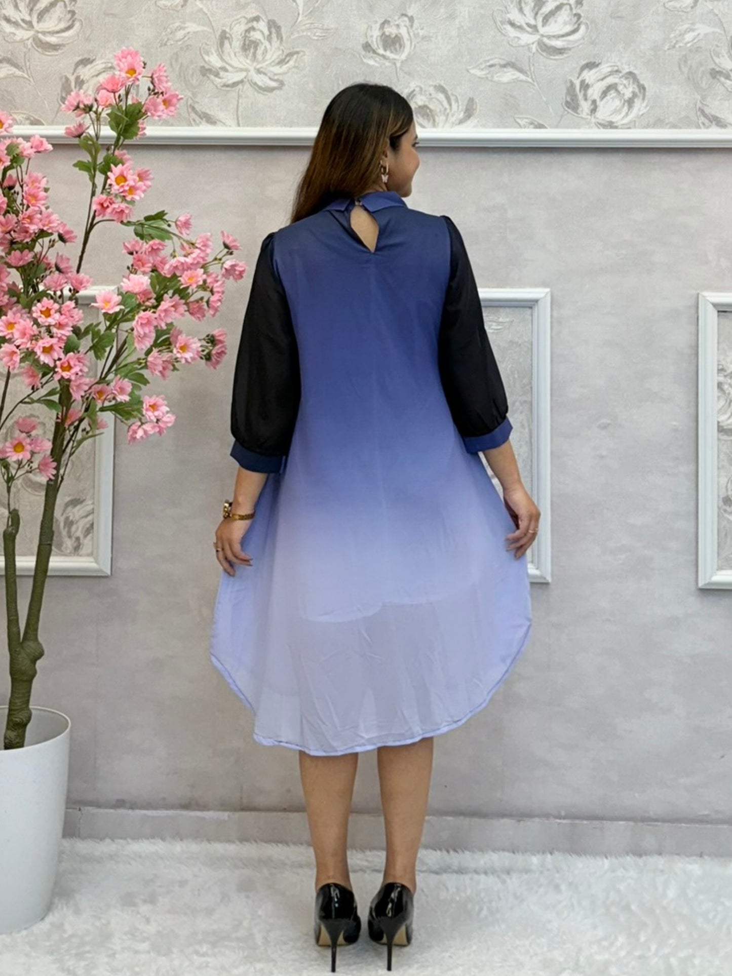 Midnight blue and powder blue Indo-Western georgette dress with handwork and collar design