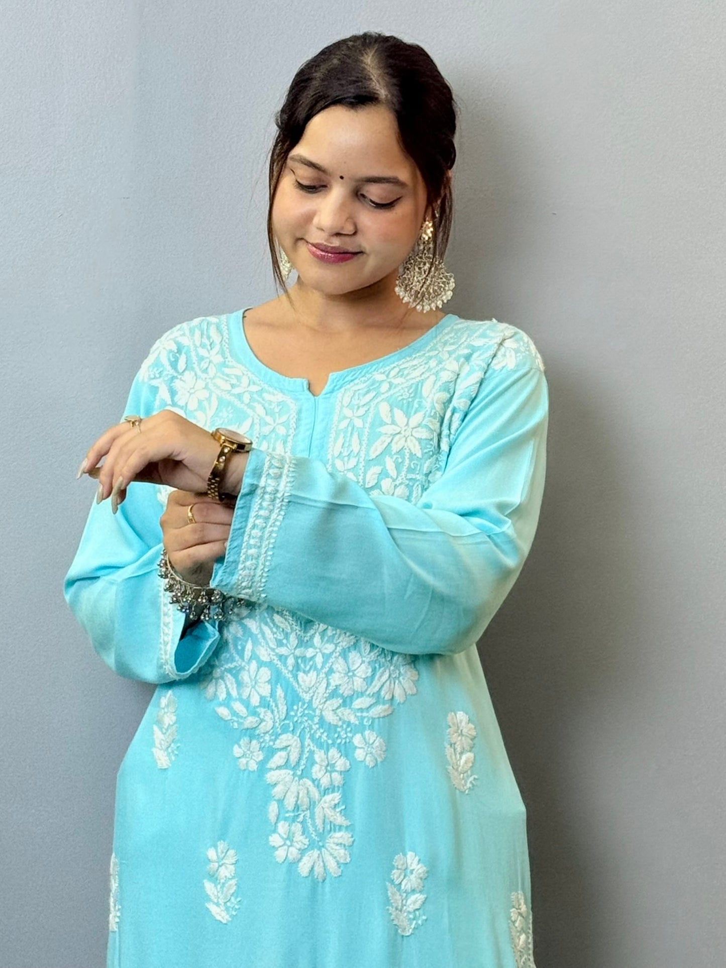 Sky blue rayon Lucknowi Chikankari kurta with white hand embroidery, front view