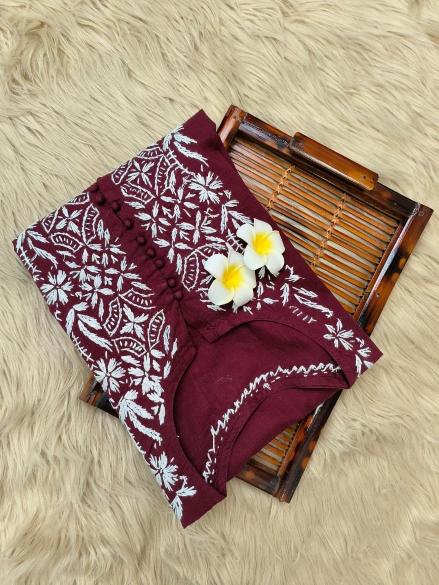 Maroon cotton Lucknow Chikankari kurta with white hand embroidery, casual wear style