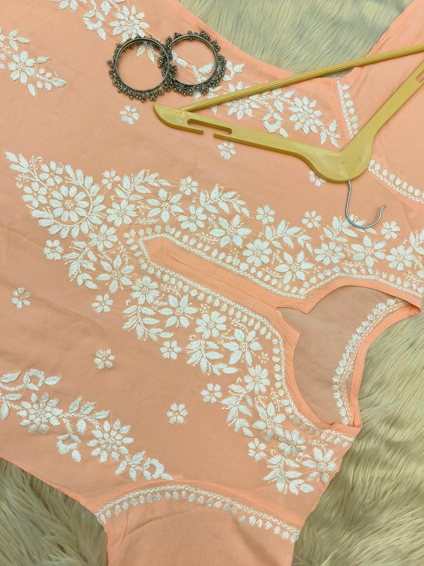 Peach modal chikankari kurta with white hand embroidery