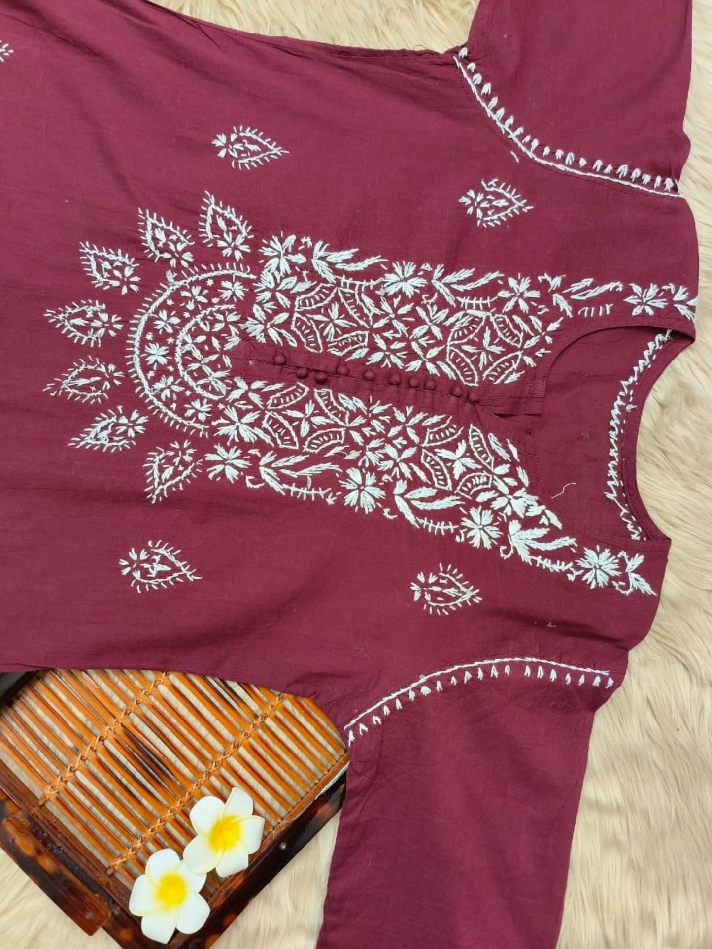 Maroon cotton Lucknow Chikankari kurta with white hand embroidery, casual wear style