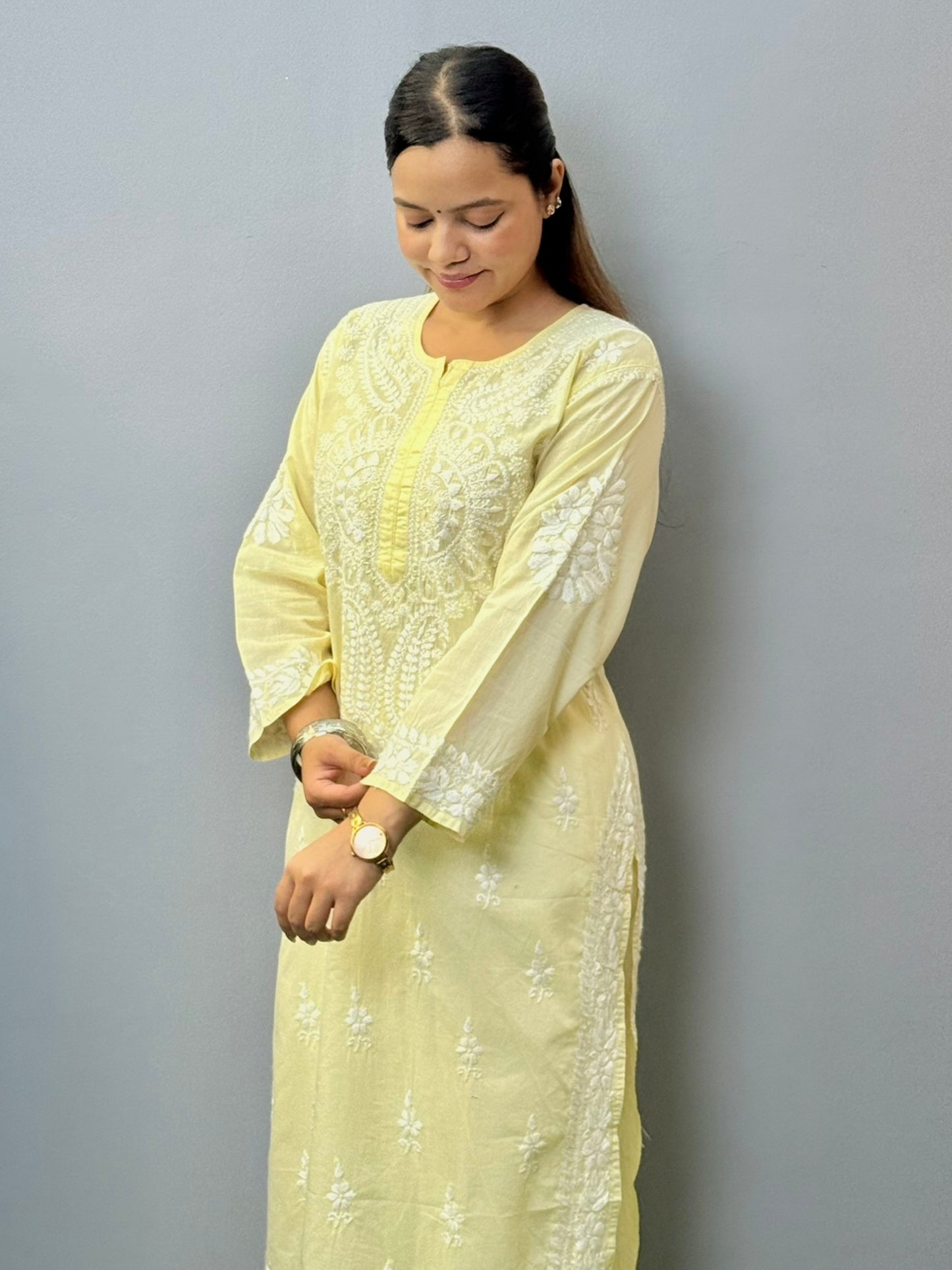 Pastel yellow cotton chikankari kurta with white thread hand embroidery