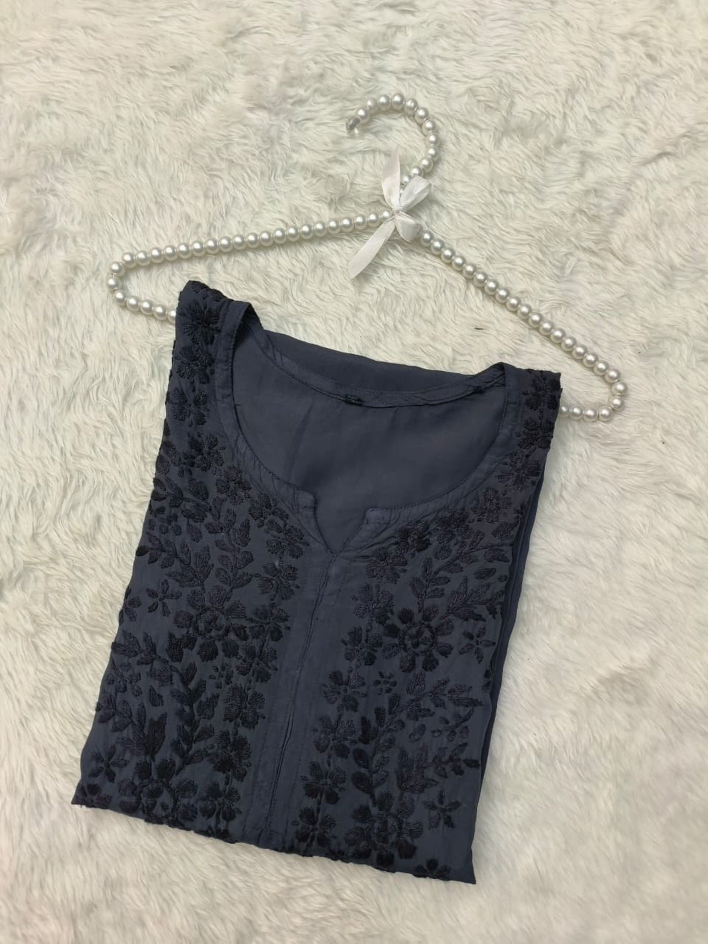 Black Lucknow Chikankari modal kurta with hand embroidery, soft and comfortable