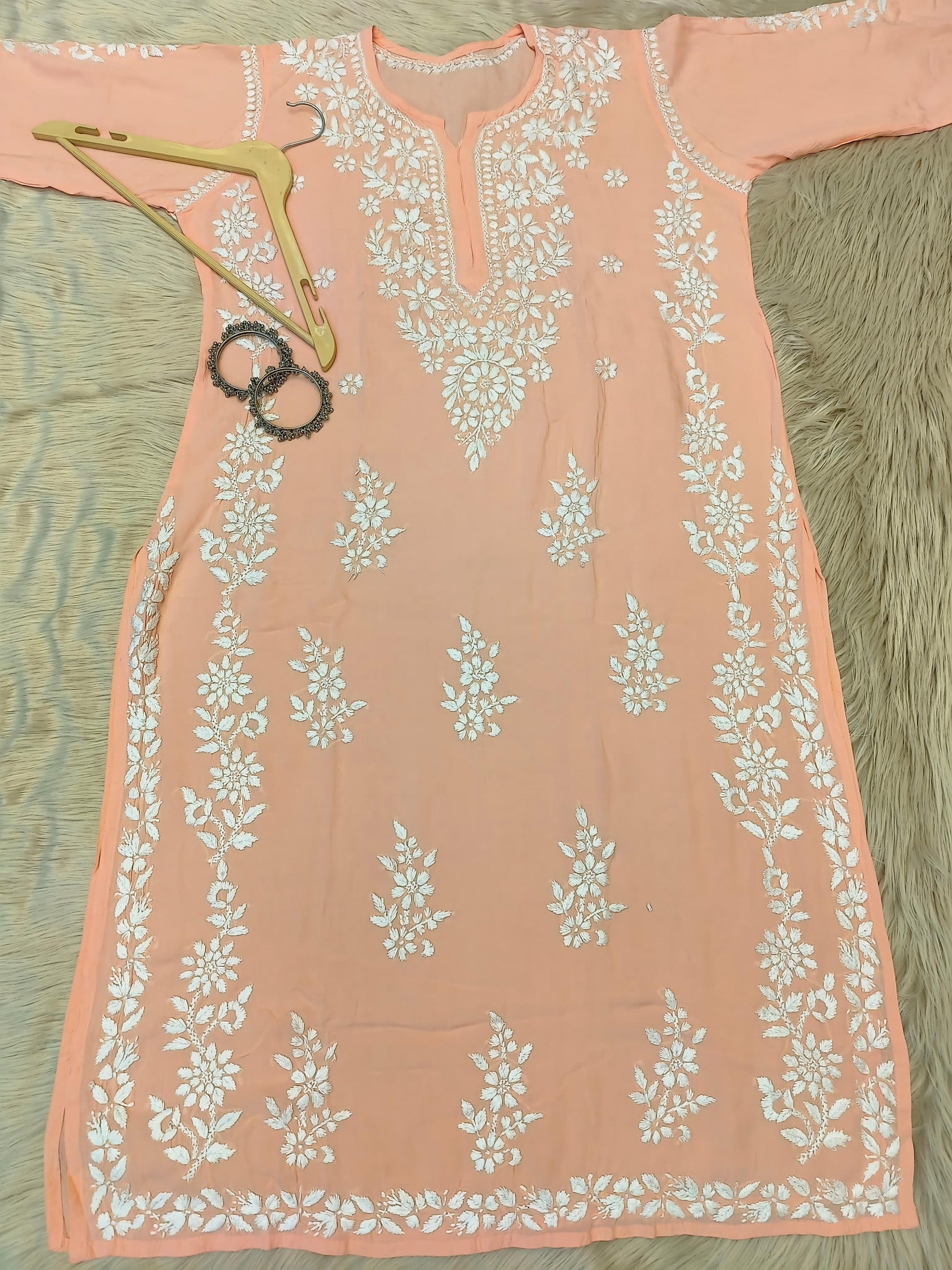 Peach modal chikankari kurta with white hand embroidery