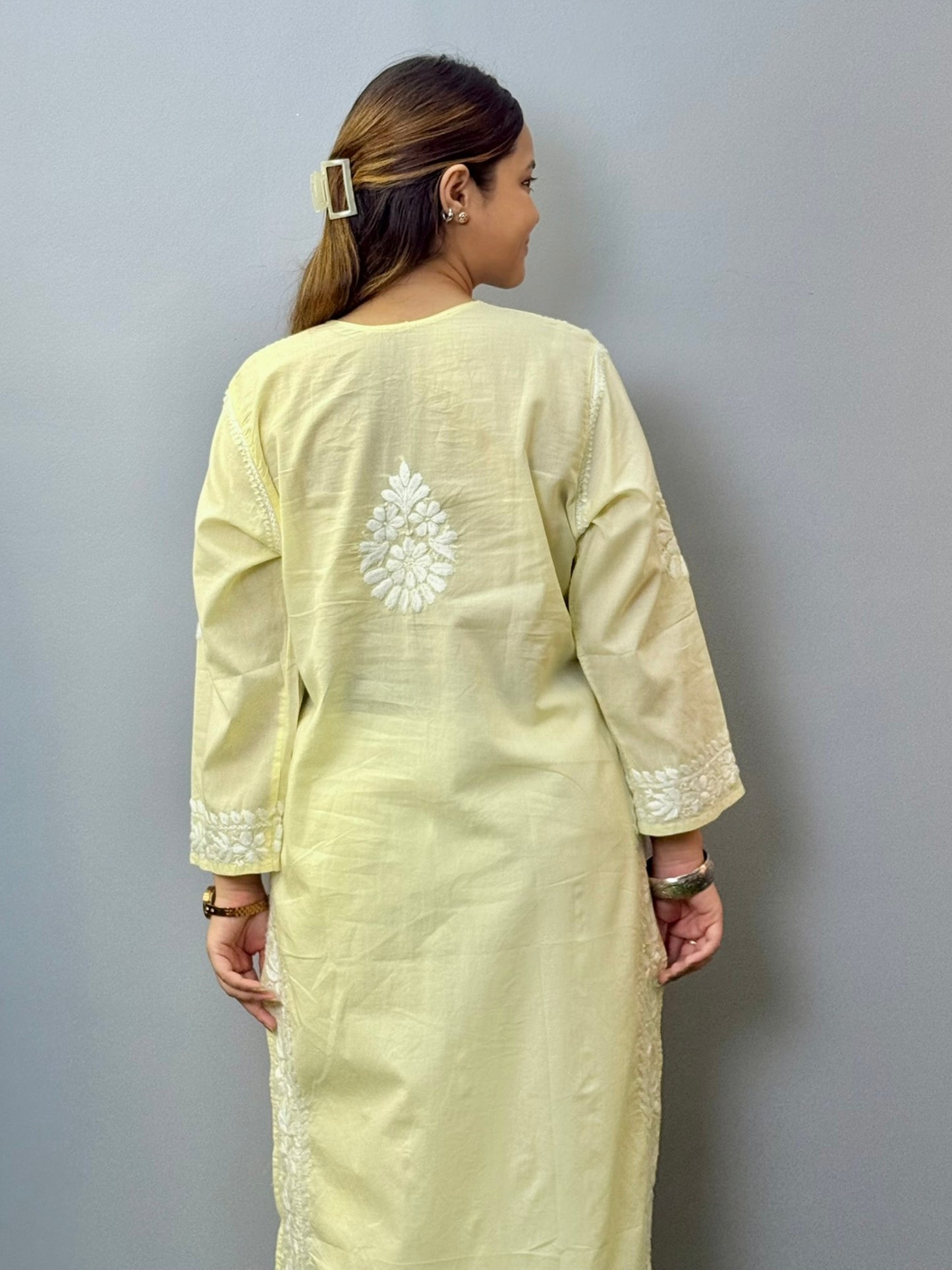 Pastel yellow cotton chikankari kurta with white thread hand embroidery