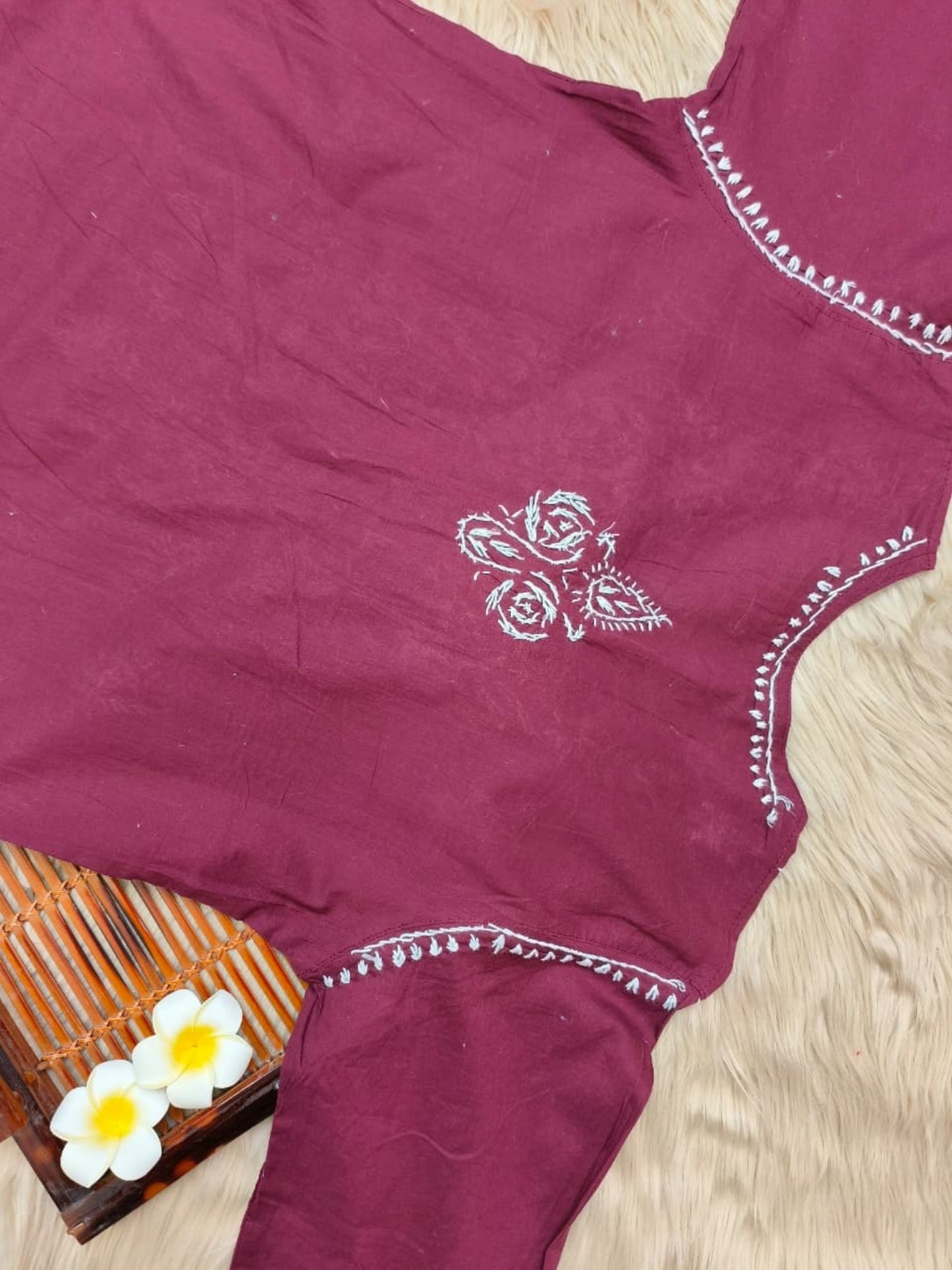 Maroon cotton Lucknow Chikankari kurta with white hand embroidery, casual wear style