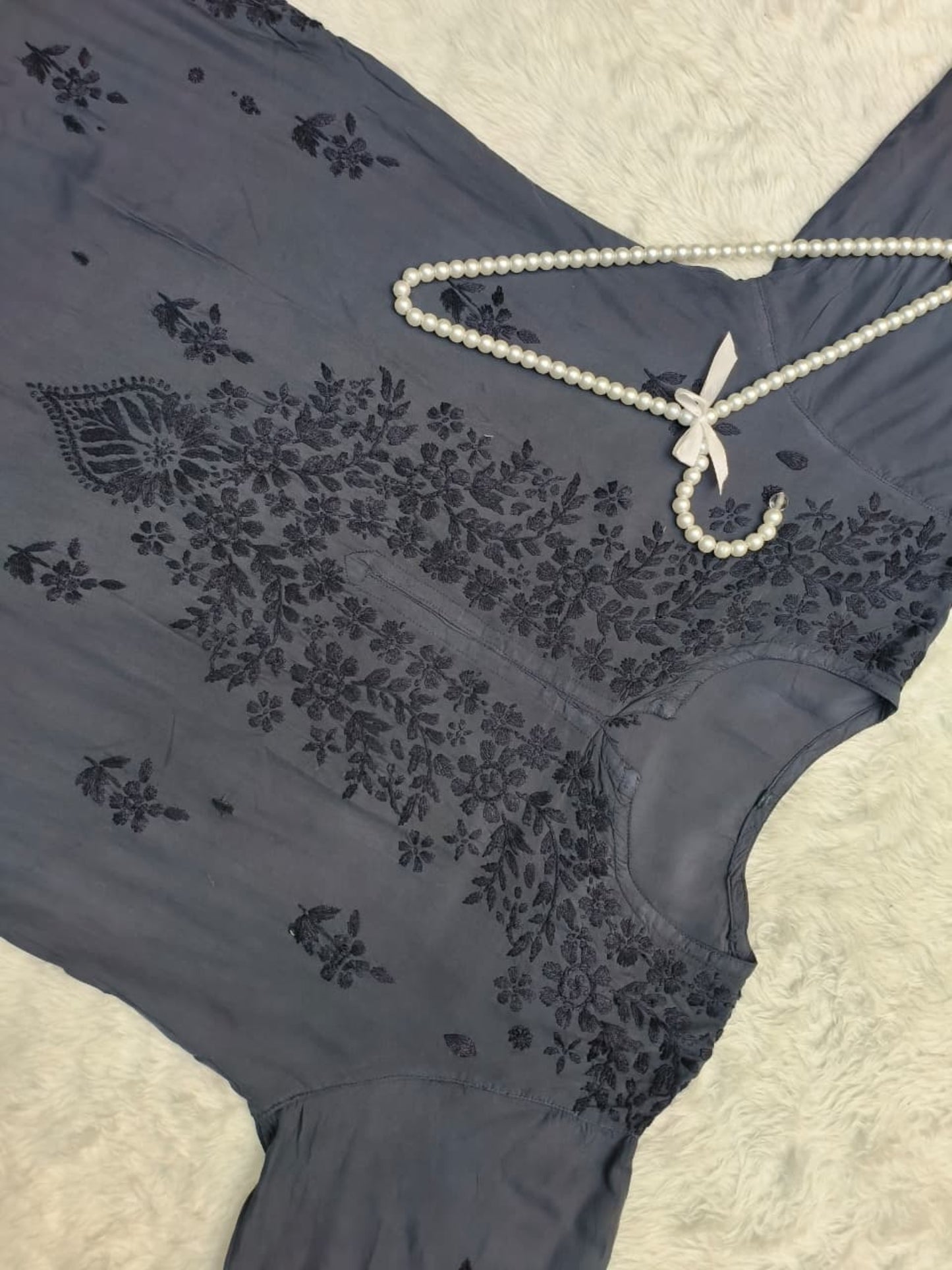 Black Lucknow Chikankari modal kurta with hand embroidery, soft and comfortable