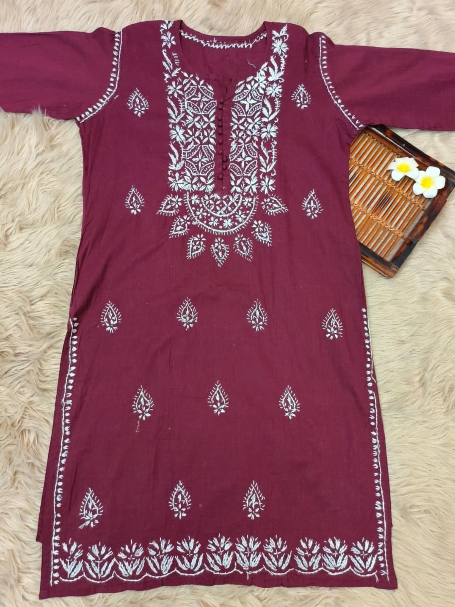 Maroon cotton Lucknow Chikankari kurta with white hand embroidery, casual wear style