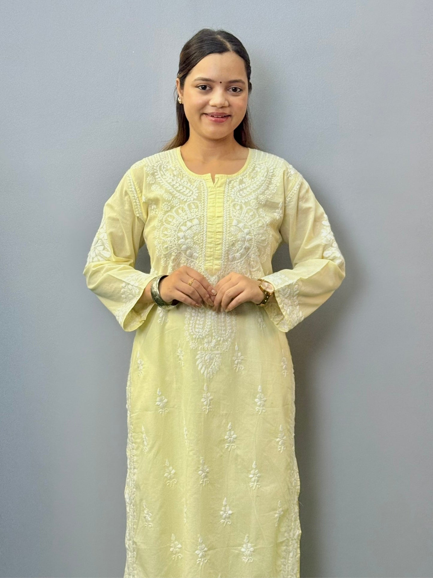 Pastel yellow cotton chikankari kurta with white thread hand embroidery