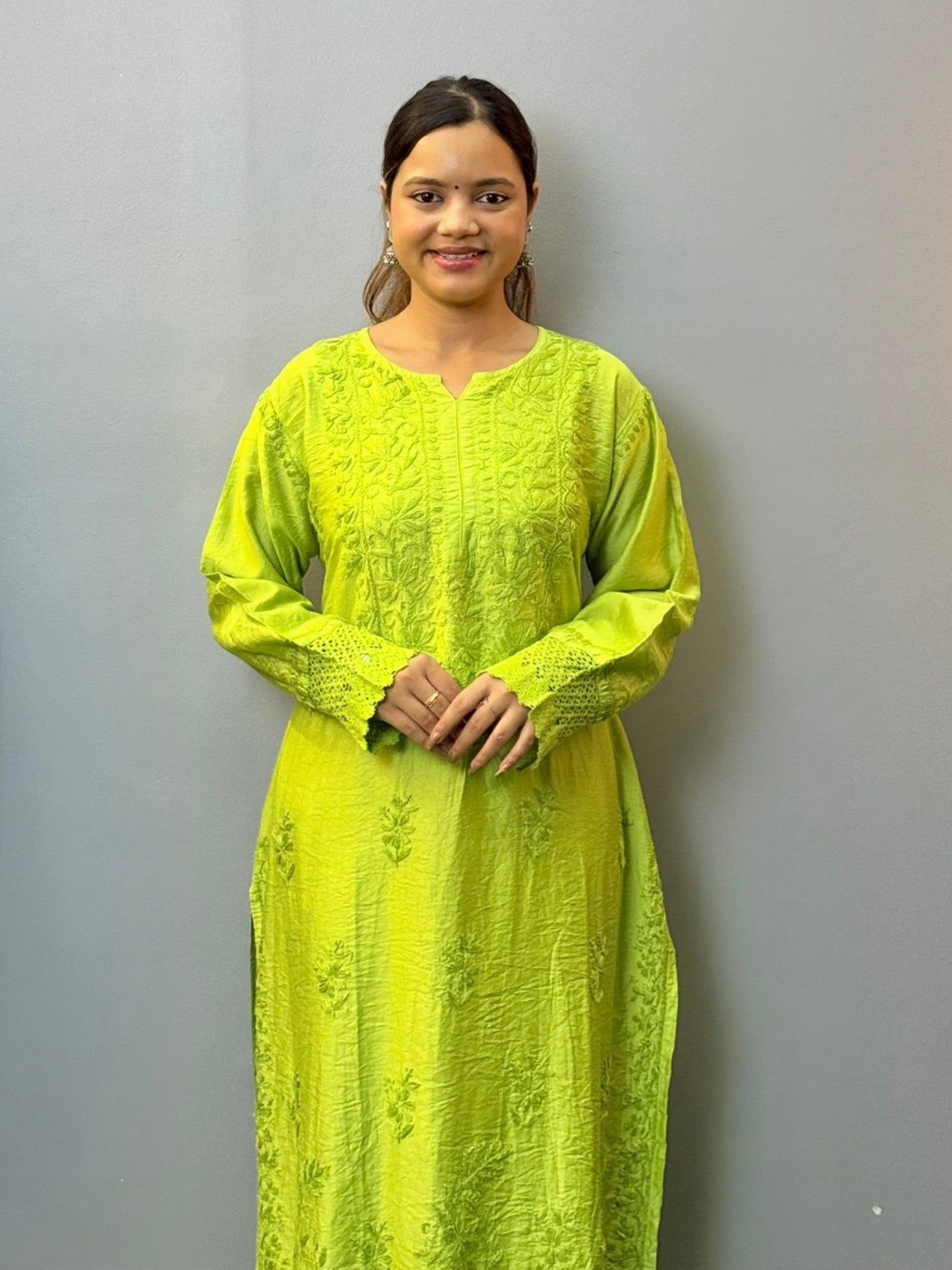 Lime green chanderi chikankari kurta with lace and hand embroidery